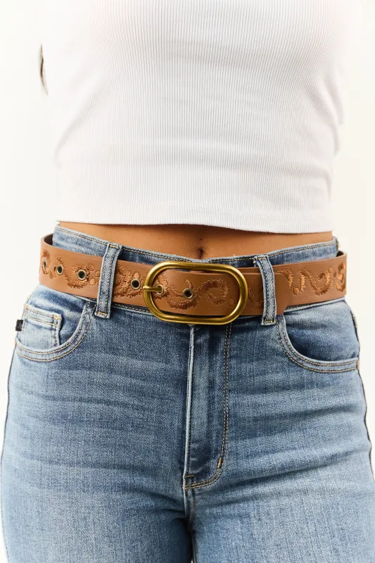 Caramel Embroidered Faux Leather Belt sold by Lime Lush