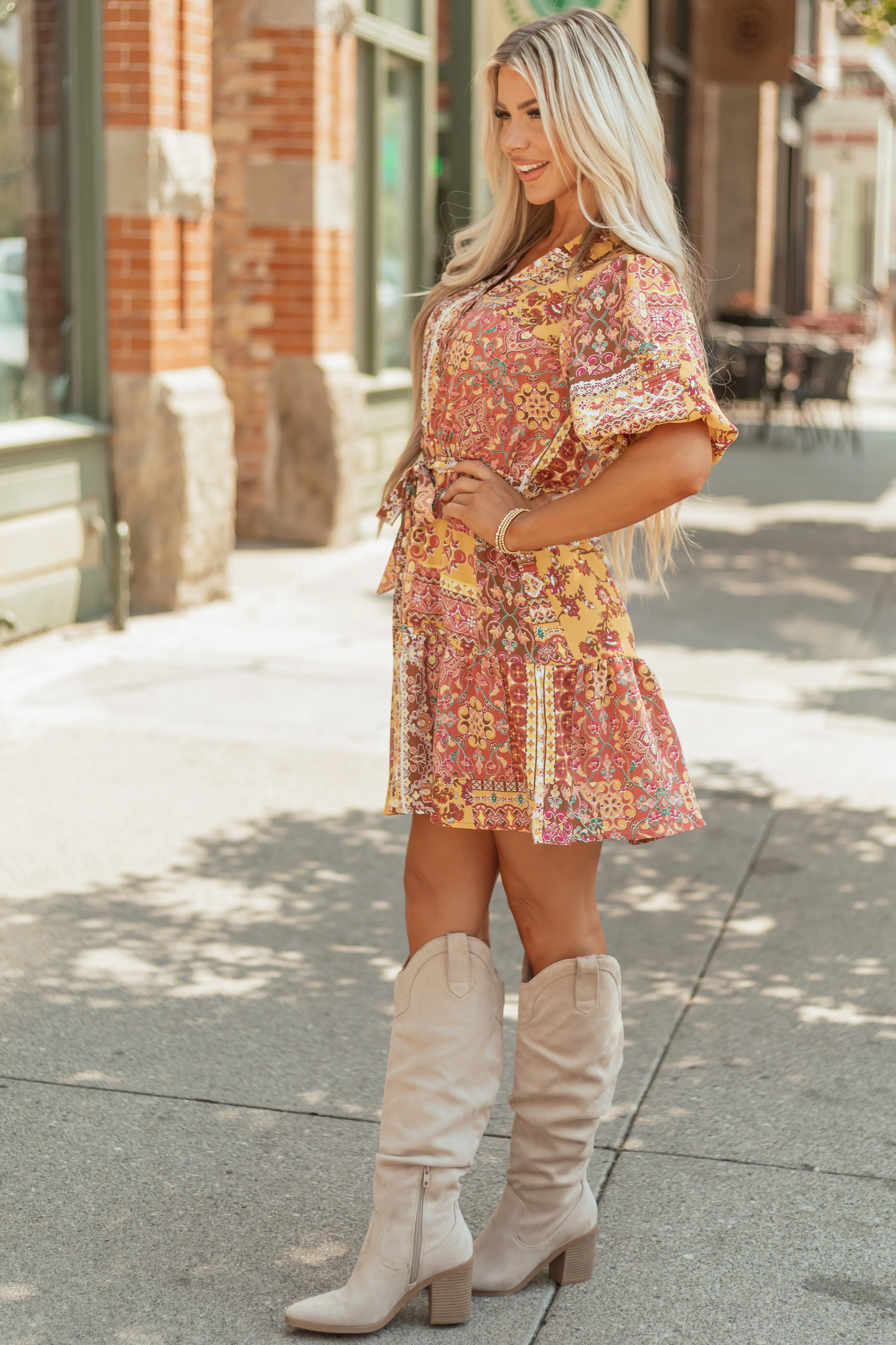 Mustard Boho Tile Print Bubble Sleeve Mini Dress sold by Lime Lush product image thumbnail 4