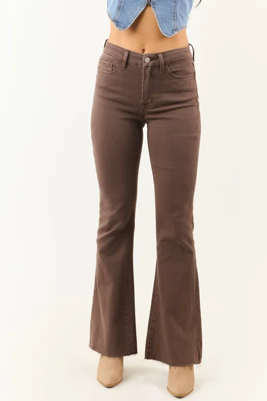 Walnut High Rise Raw Hem Stretchy Flare Jeans sold by Lime Lush
