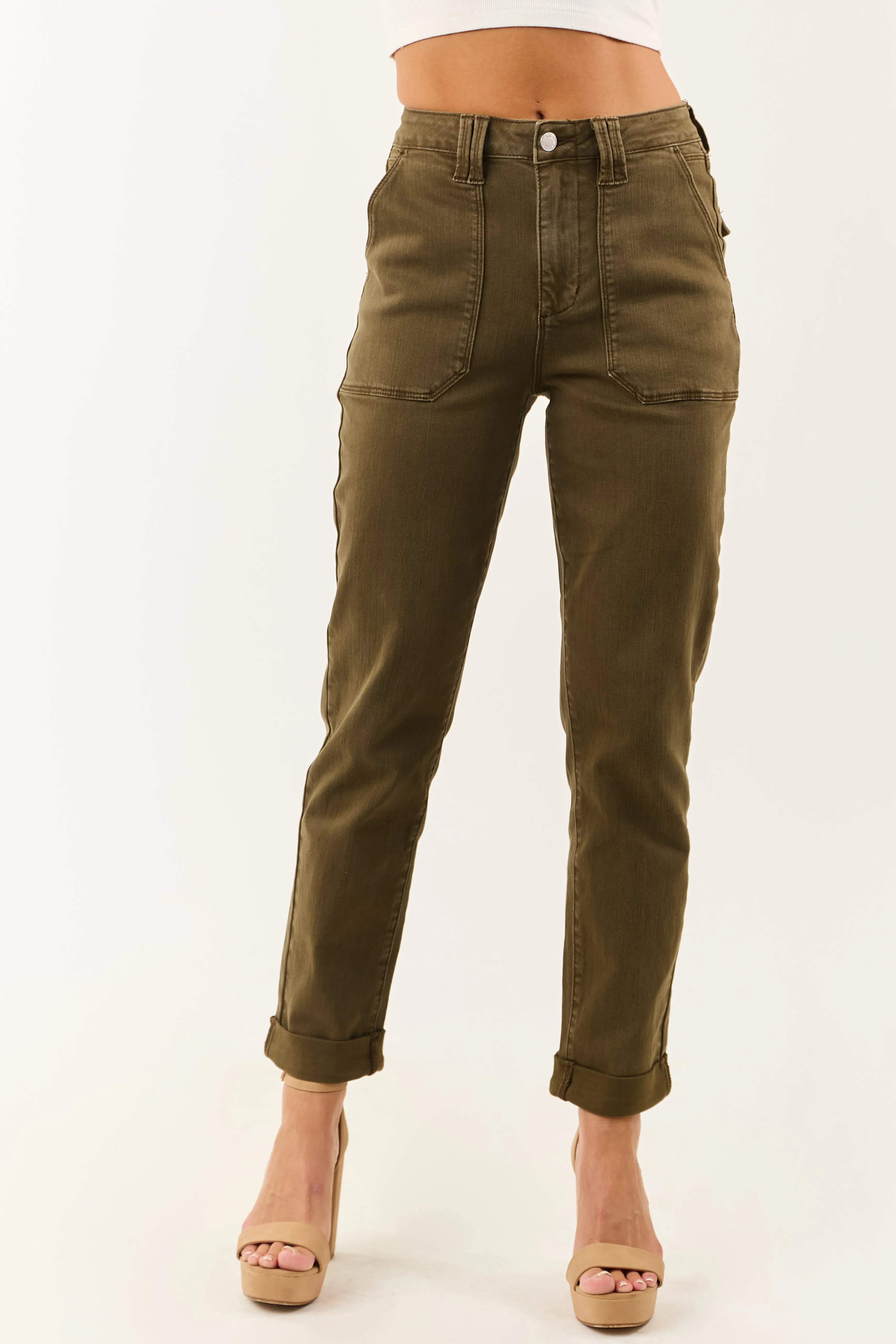 Judy Blue Army Green Cuffed Stretchy Straight Jeans sold by Lime Lush product image thumbnail 2