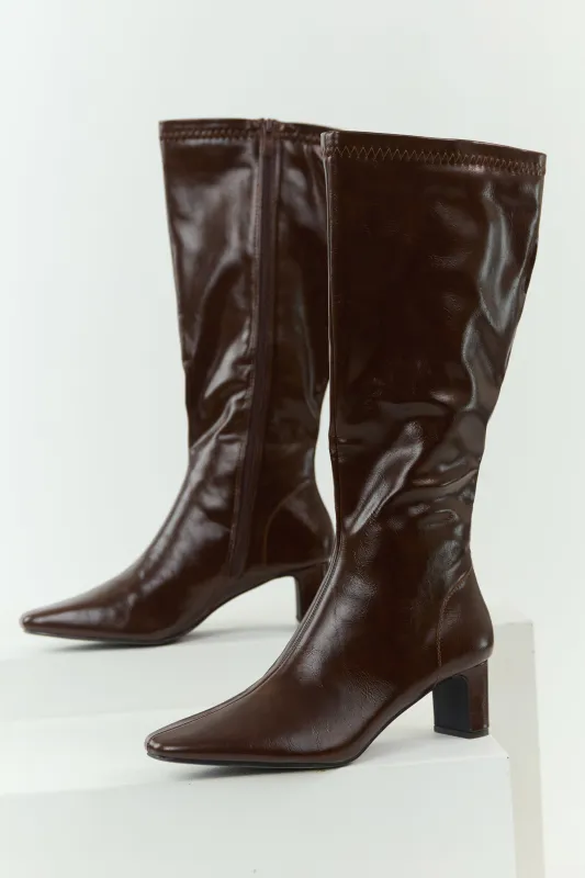 Chocolate Faux Leather Pointed Toe Tall Block Heel Boots sold by Lime Lush