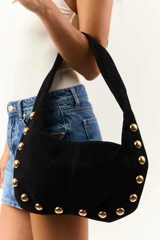 Black Faux Suede Gold Studded Shoulder Bag sold by Lime Lush