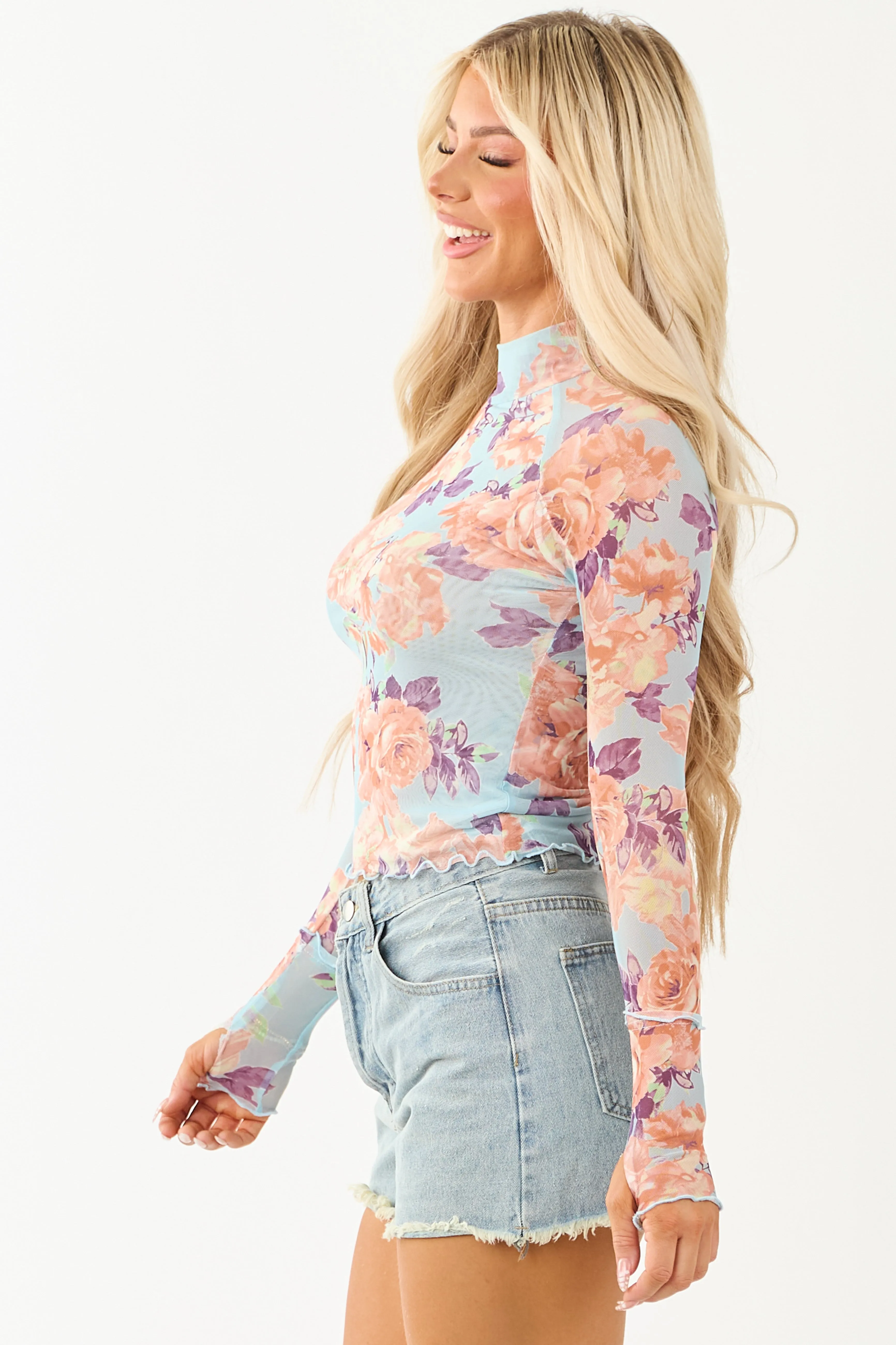 Sky Blue Floral Print Mock Neck Mesh Long Sleeve Top sold by Lime Lush product image thumbnail 5