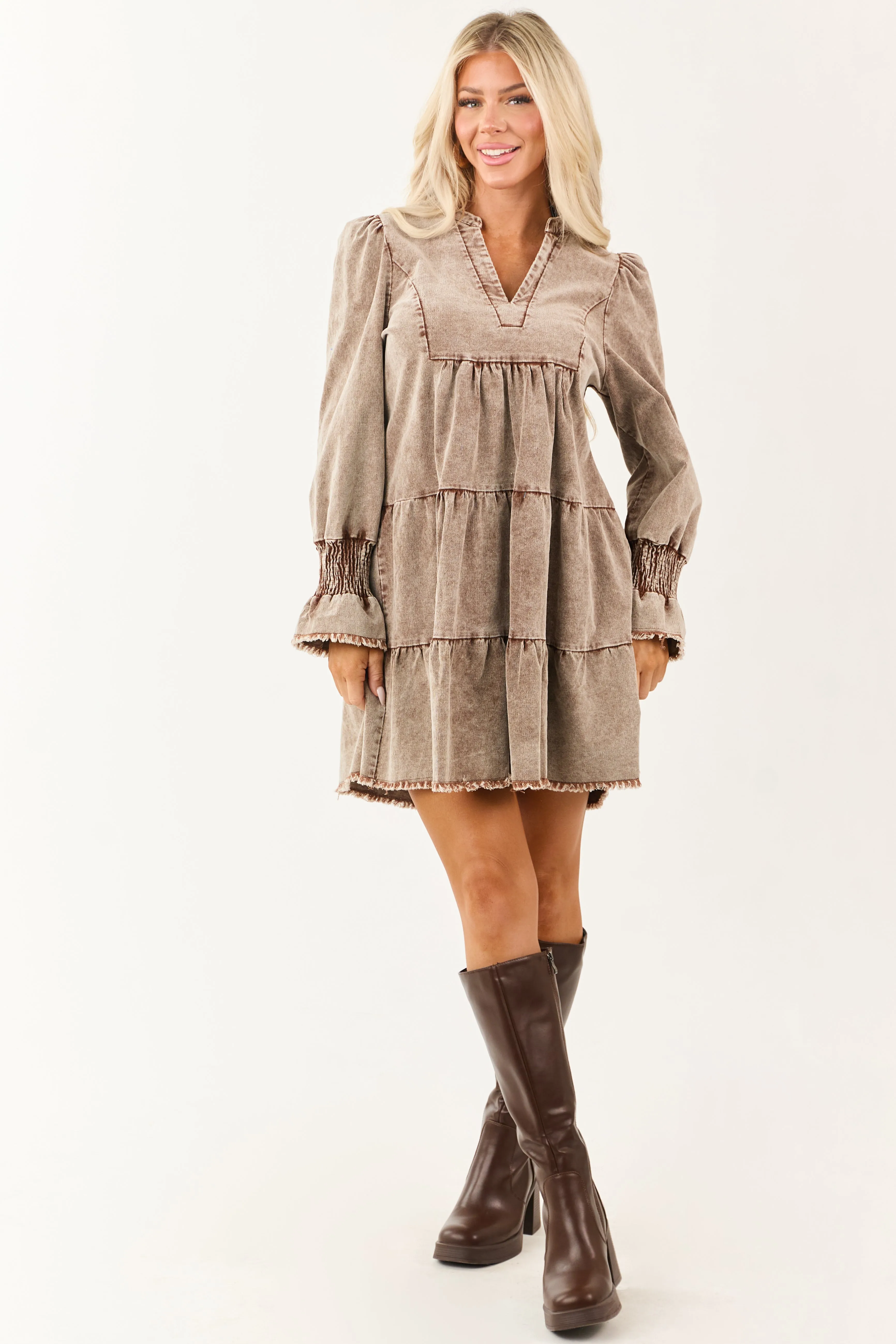 Sepia Stone Wash Corduroy Long Sleeve Mini Dress sold by Lime Lush product image thumbnail 2