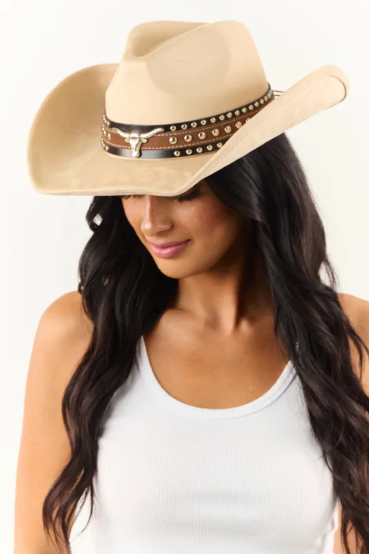 Sand Faux Suede Longhorn Stud Detail Cowboy Hat sold by Lime Lush