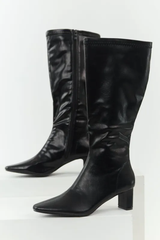 Black Faux Leather Pointed Toe Tall Block Heel Boots sold by Lime Lush
