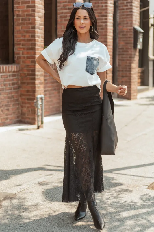 Black Floral Lace Mermaid Hem Maxi Skirt sold by Lime Lush