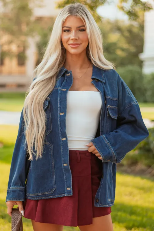 Dark Wash Button Down Relaxed Denim Jacket sold by Lime Lush