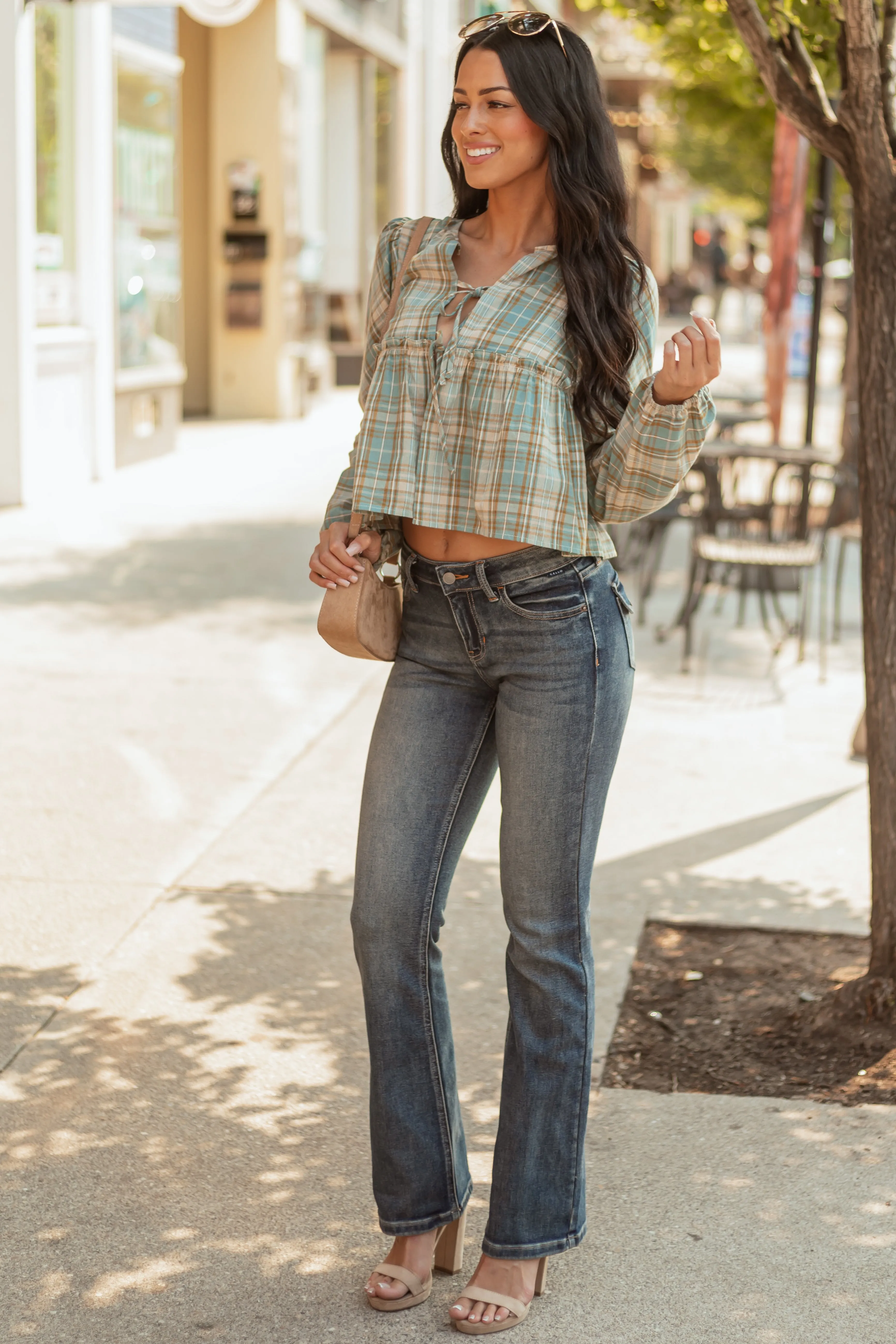 Steel Blue and Sand Plaid Long Sleeve Cotton Top sold by Lime Lush product image thumbnail 3