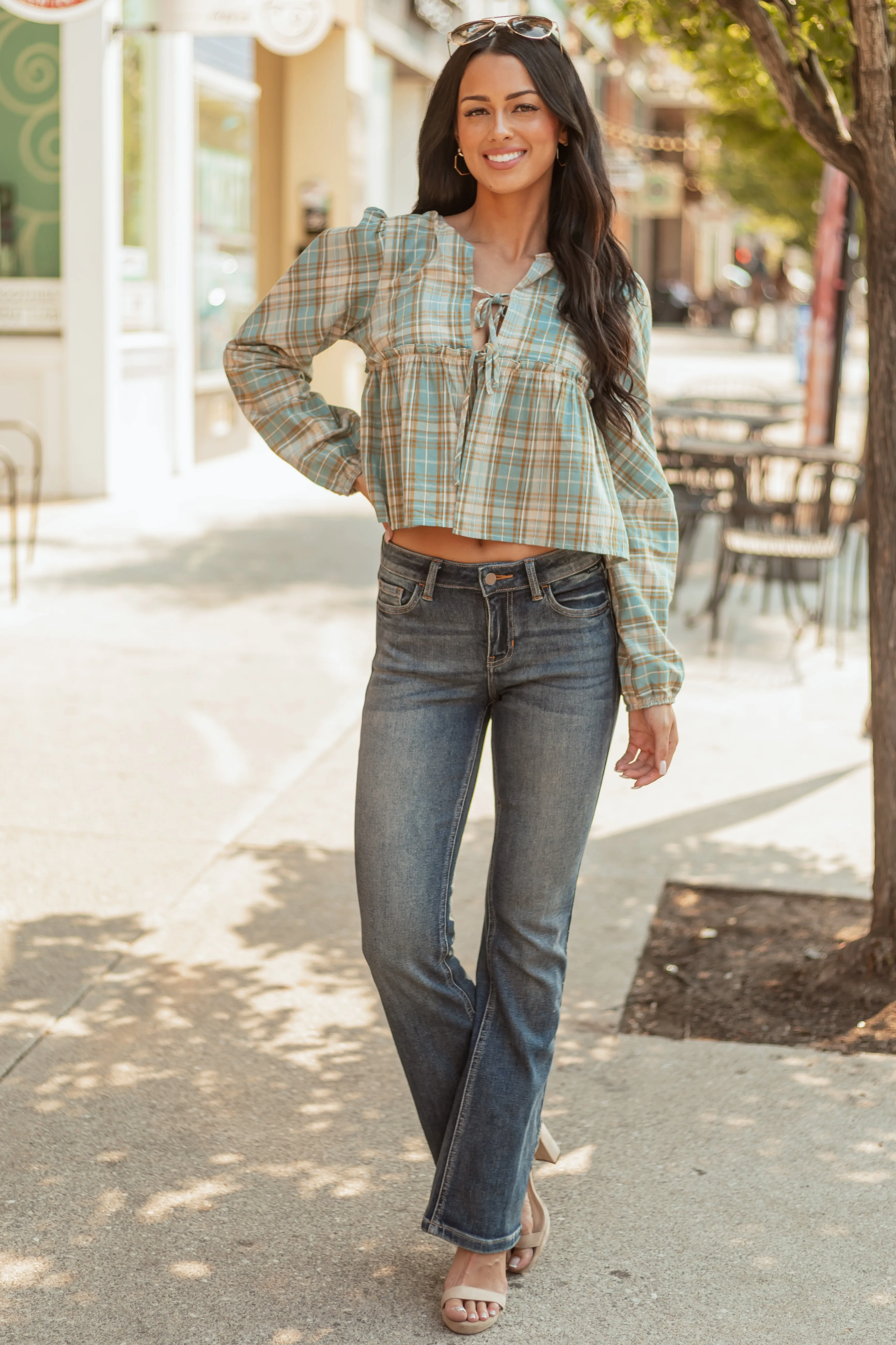 Steel Blue and Sand Plaid Long Sleeve Cotton Top sold by Lime Lush product image thumbnail 2