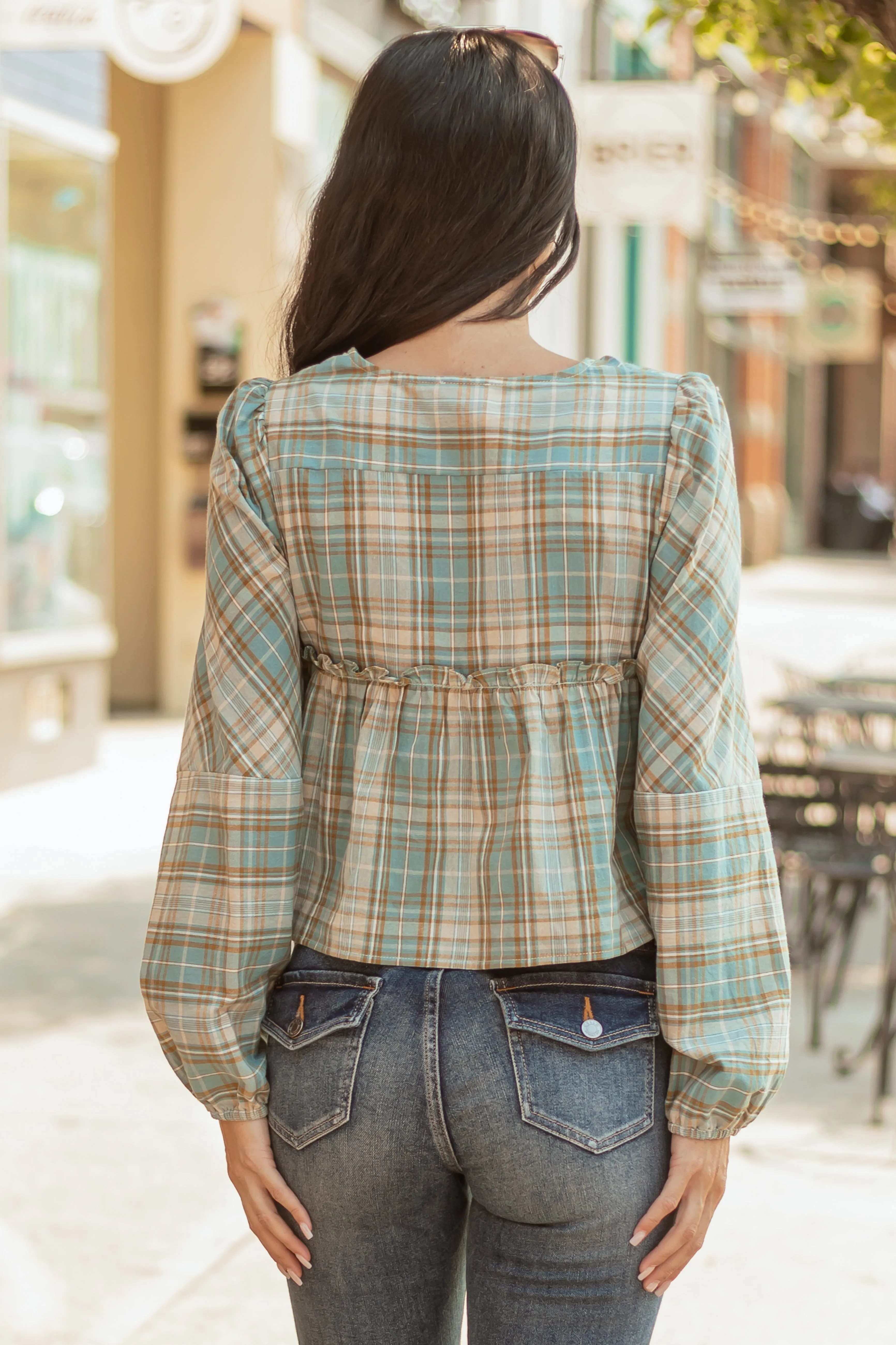 Steel Blue and Sand Plaid Long Sleeve Cotton Top sold by Lime Lush product image thumbnail 5