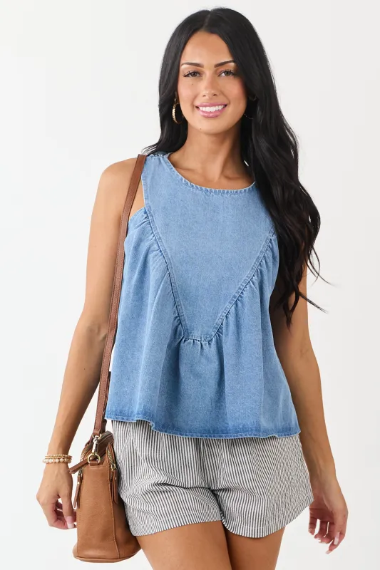 Light Wash Ruched Denim Tent Style Tank Top sold by Lime Lush