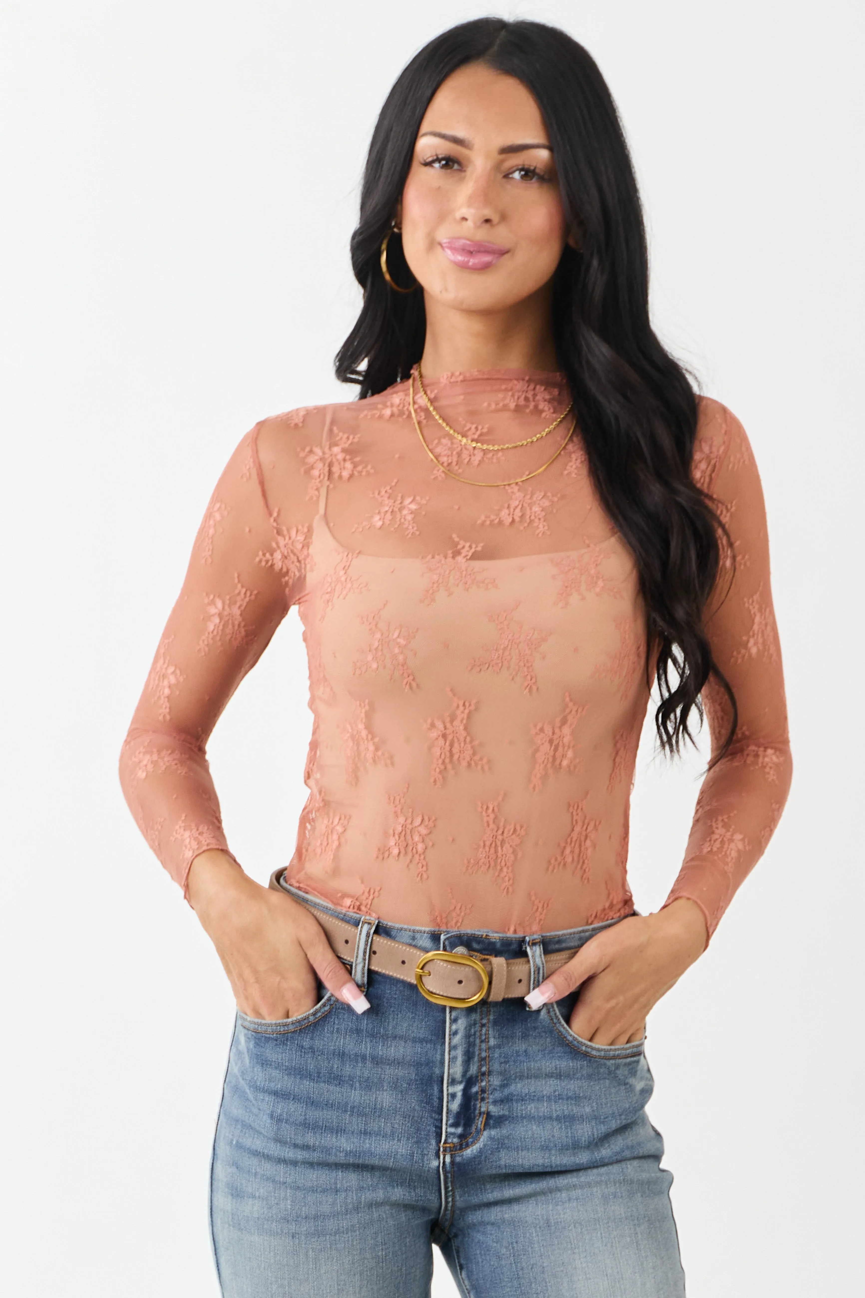 Melon Floral Mesh Lace Long Sleeve Top sold by Lime Lush