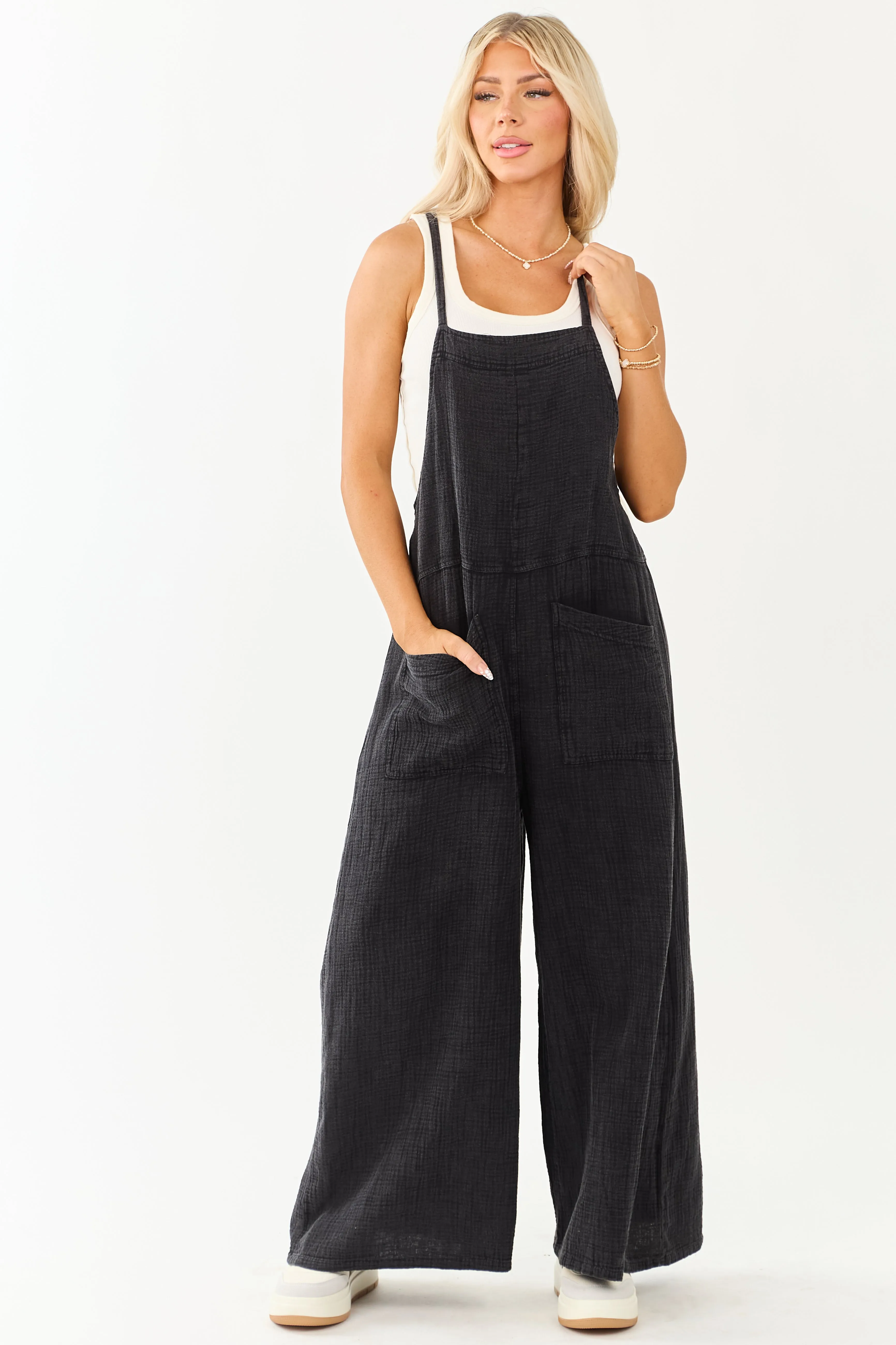 Charcoal Mineral Wash Gauze Cotton Jumpsuit sold by Lime Lush product image thumbnail 3