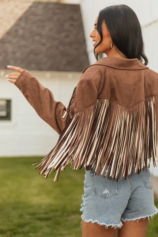 Walnut Fringe Faux Suede Open Front Jacket sold by Lime Lush