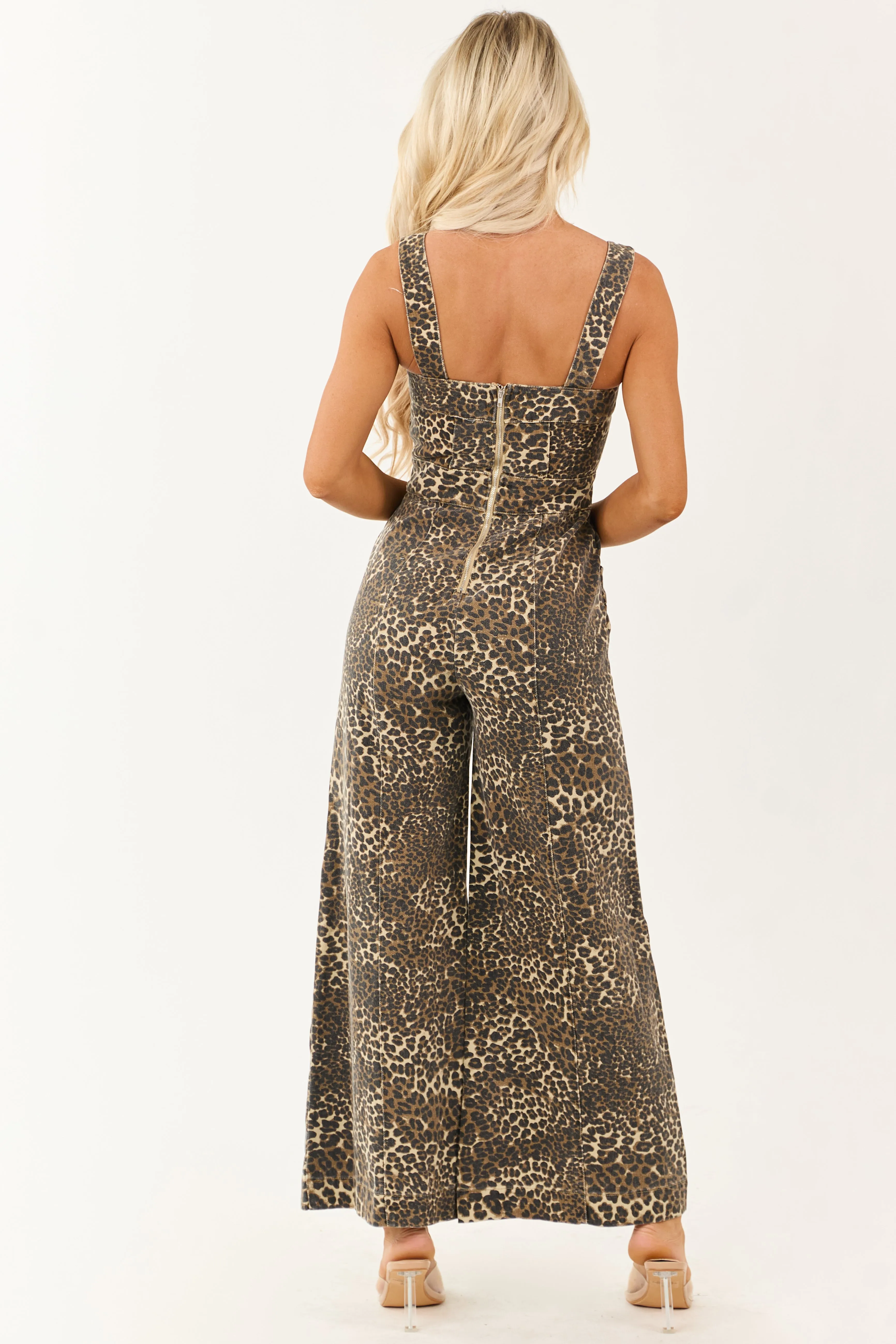 Coffee Leopard Print Wide Leg Denim Overalls sold by Lime Lush product image thumbnail 5