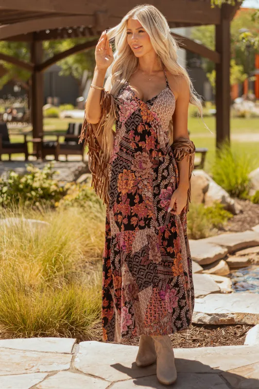 Black Mixed Floral Print Halter Neck Maxi Dress sold by Lime Lush