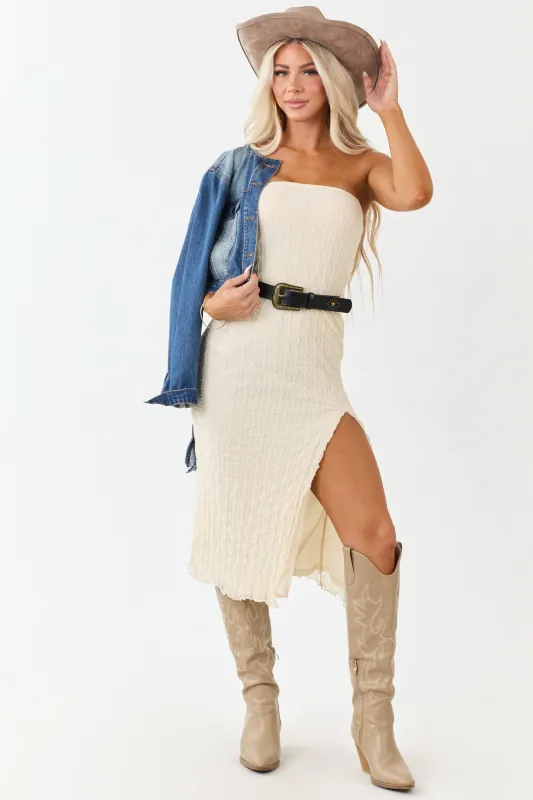 Cream Wavy Textured Mesh Strapless Midi Dress made by HYFVE
