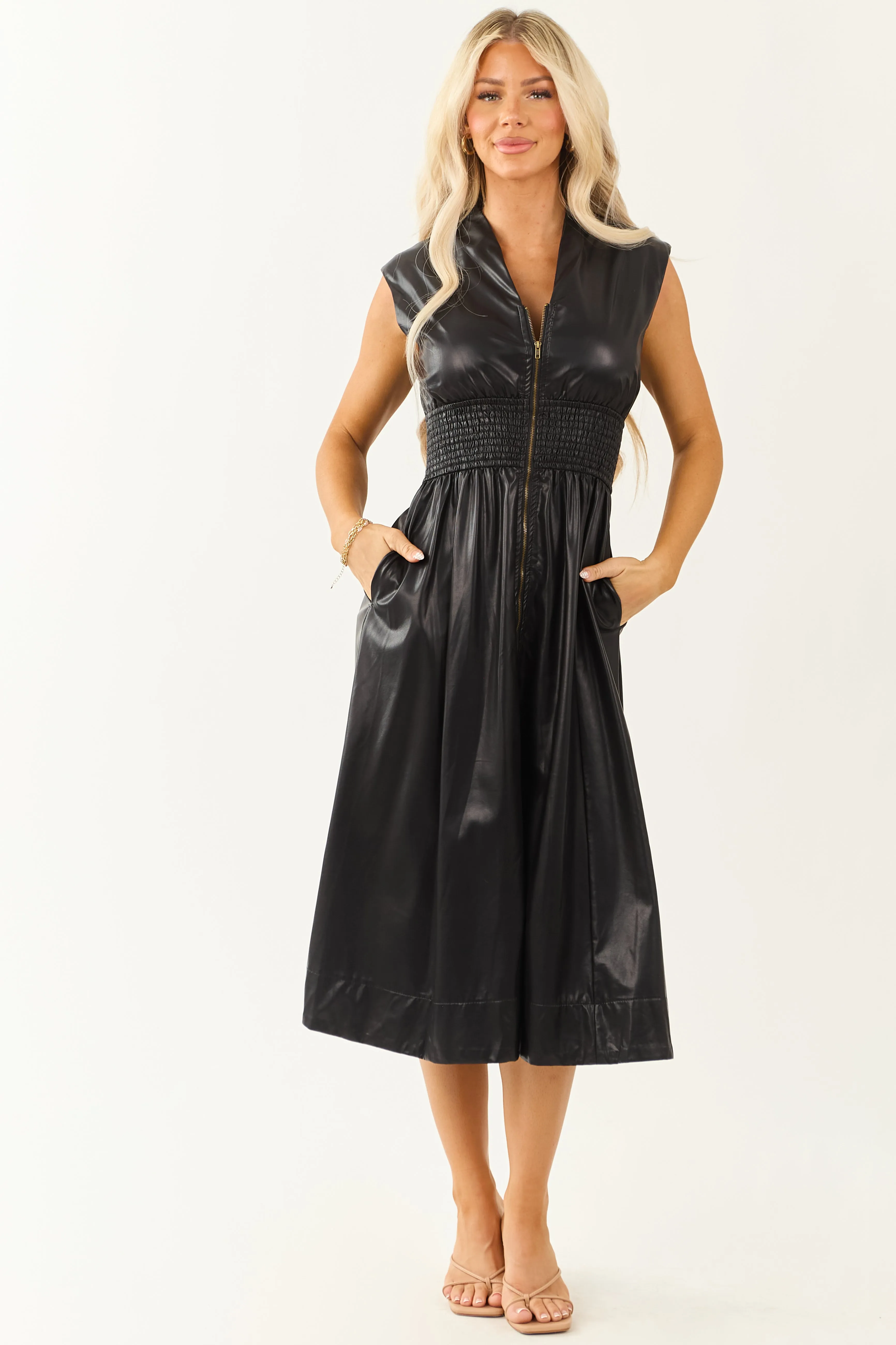 Entro Black Faux Leather Smocked Zip Up Midi Dress sold by Lime Lush