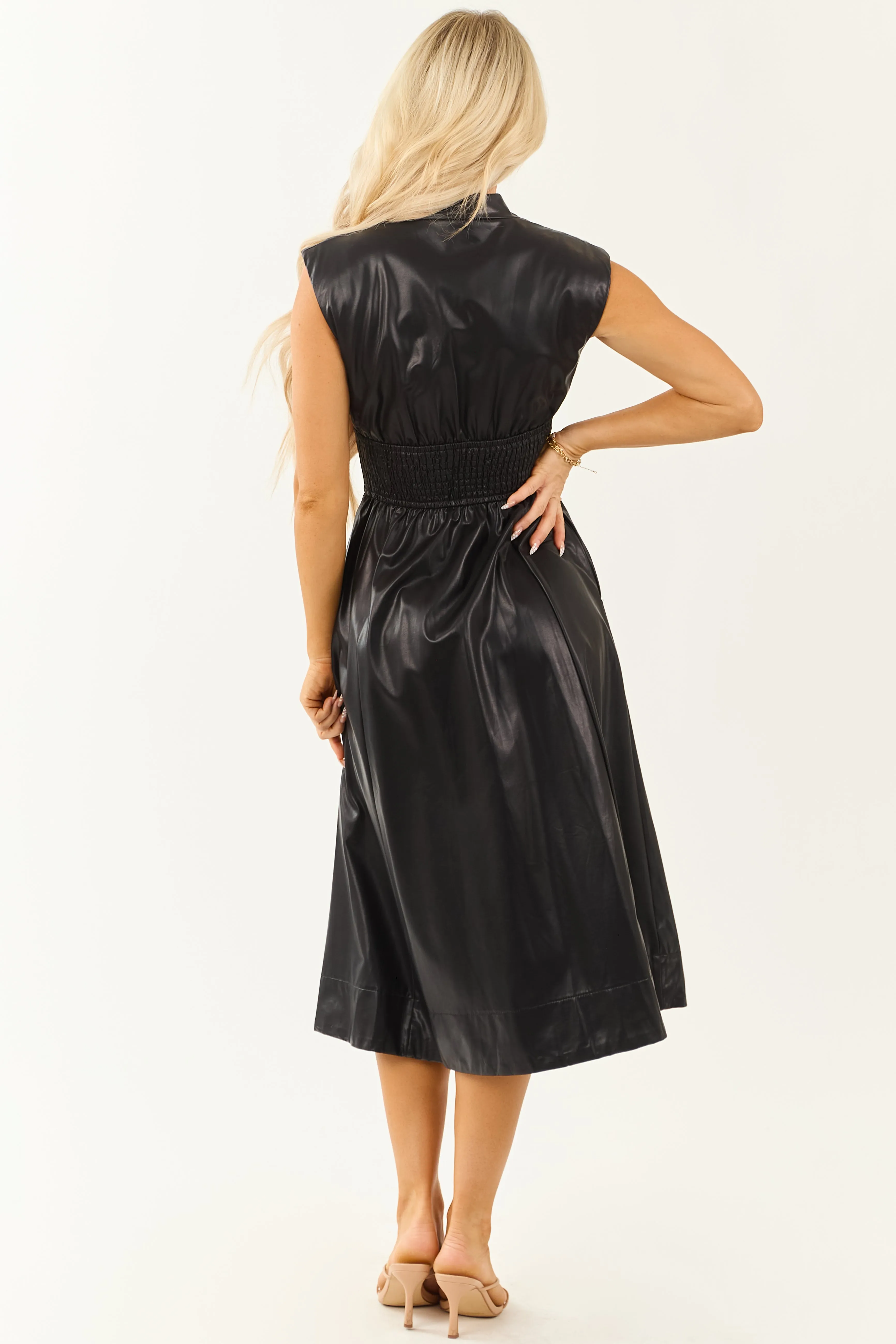 Entro Black Faux Leather Smocked Zip Up Midi Dress sold by Lime Lush product image thumbnail 5