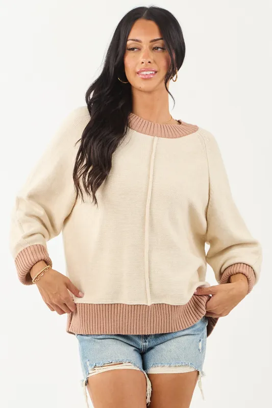 Entro Almond and Rose Taupe Relaxed Sweater sold by Lime Lush