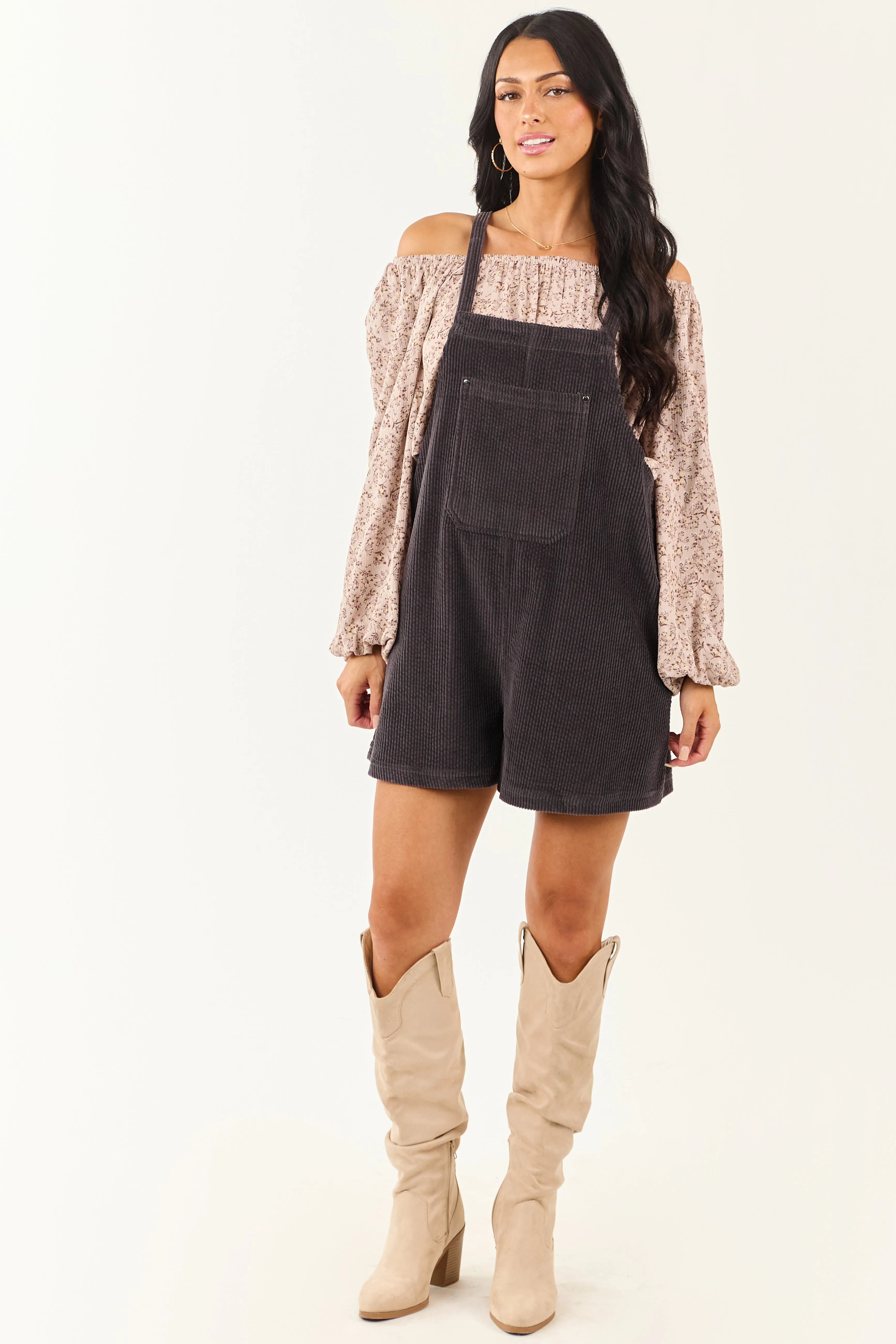 Charcoal Corduroy Relaxed Overalls Style Romper sold by Lime Lush product image thumbnail 4