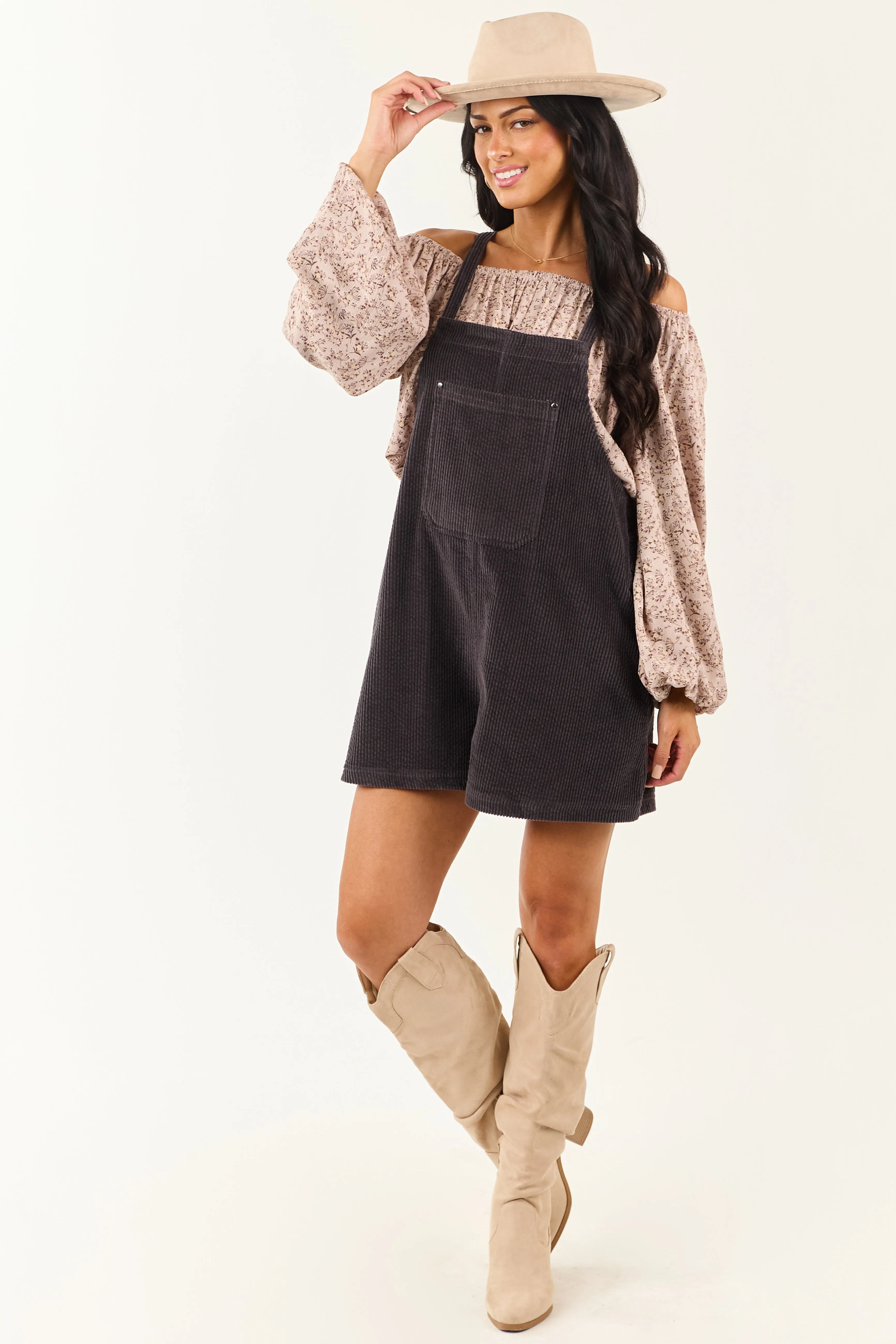 Charcoal Corduroy Relaxed Overalls Style Romper sold by Lime Lush product image thumbnail 2