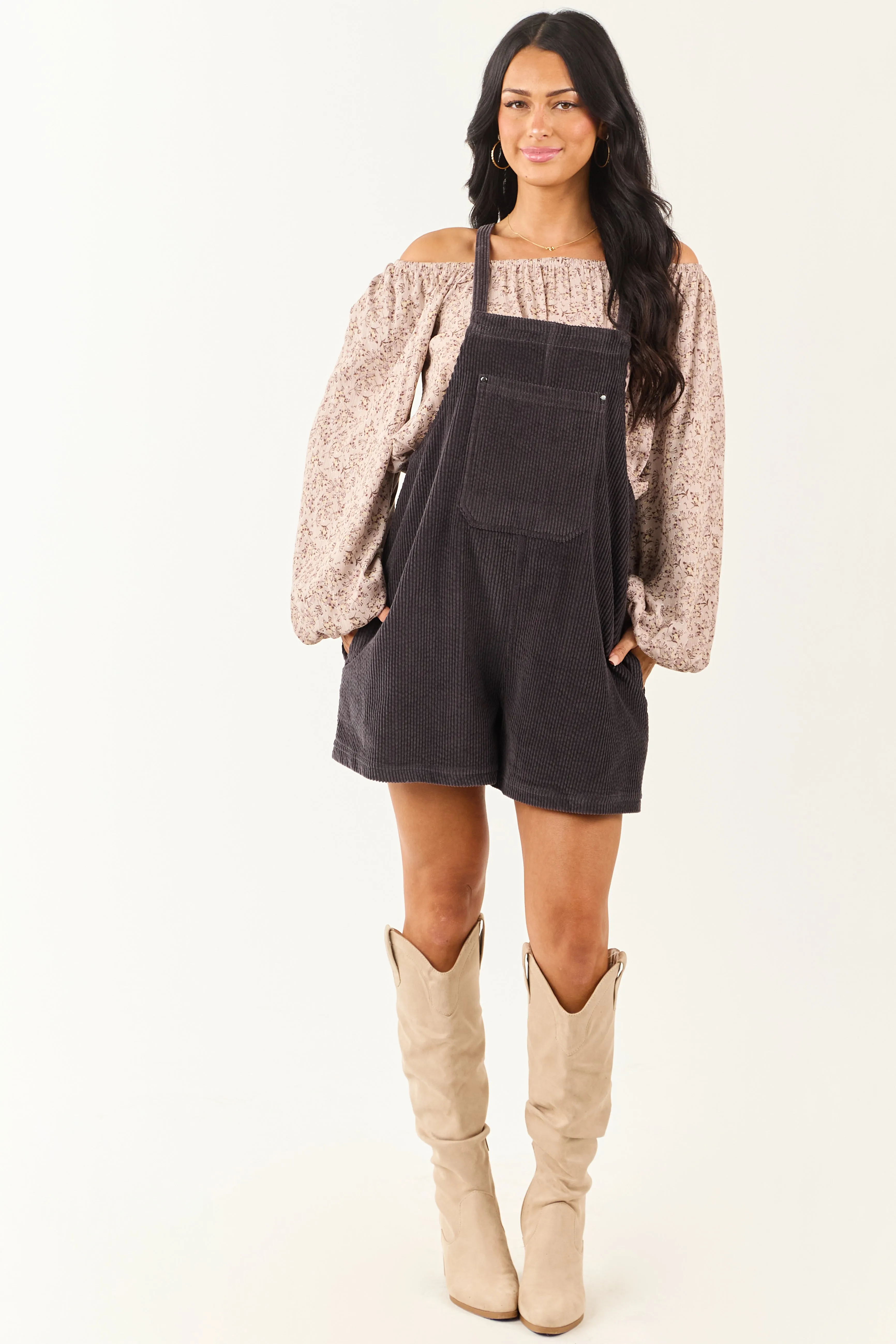 Charcoal Corduroy Relaxed Overalls Style Romper sold by Lime Lush product image thumbnail 3