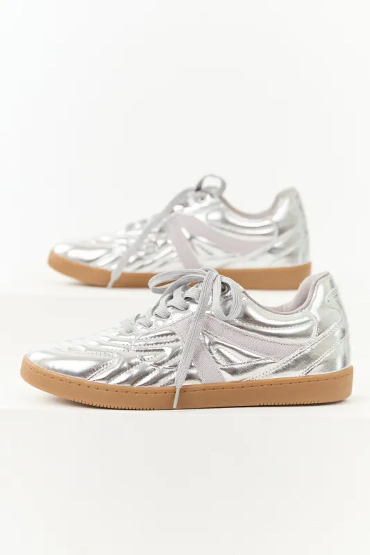 Silver Faux Leather Lace Up Low Top Sneakers sold by Lime Lush