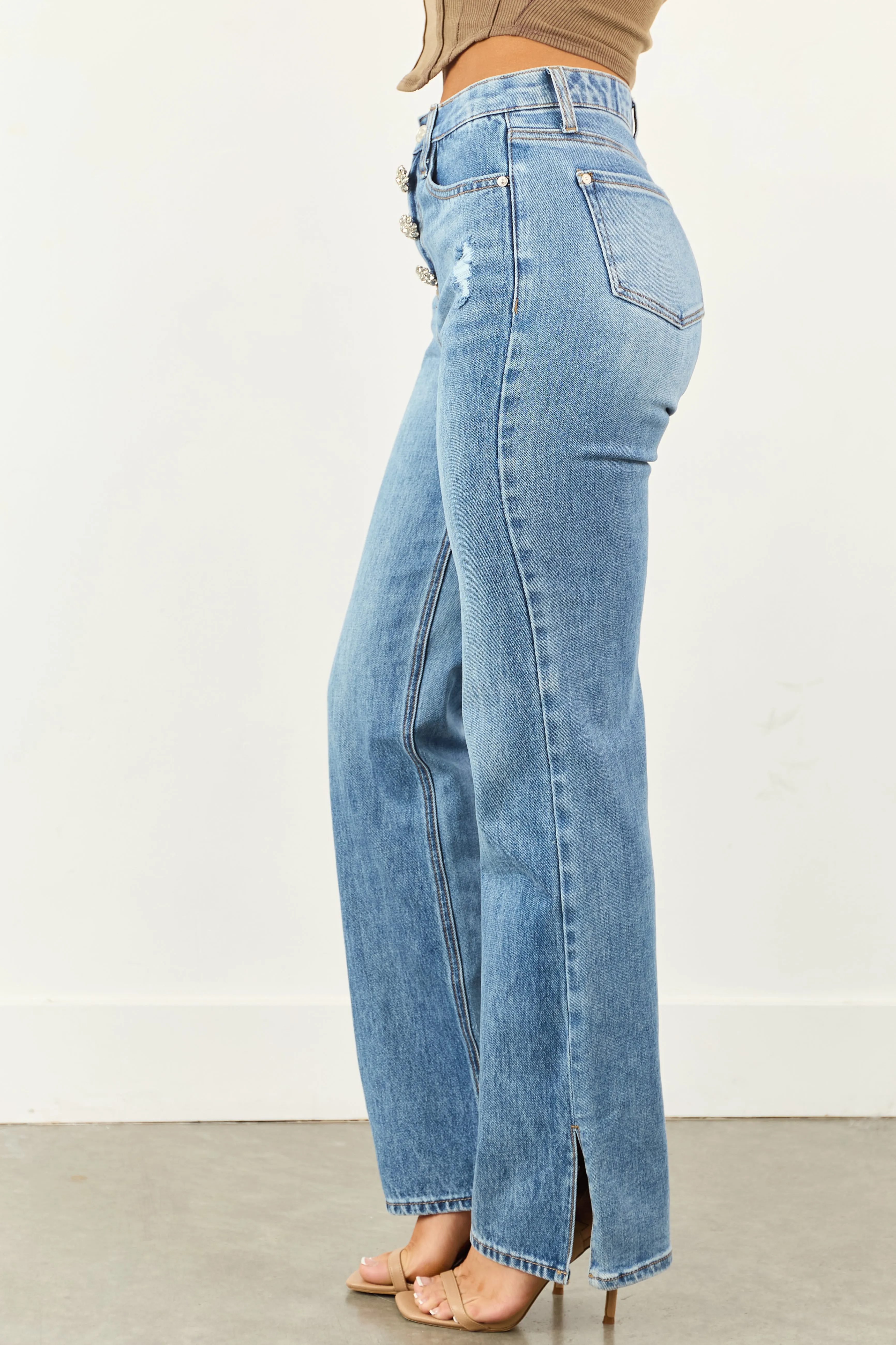 Saige Tummy Control Jewel Button Fly Straight Jeans sold by Lime Lush product image thumbnail 3