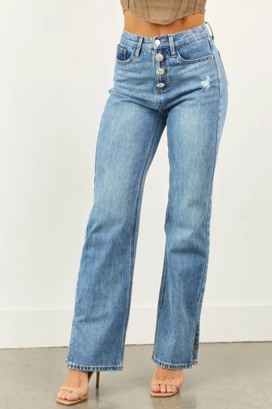 Saige Tummy Control Jewel Button Fly Straight Jeans sold by Lime Lush