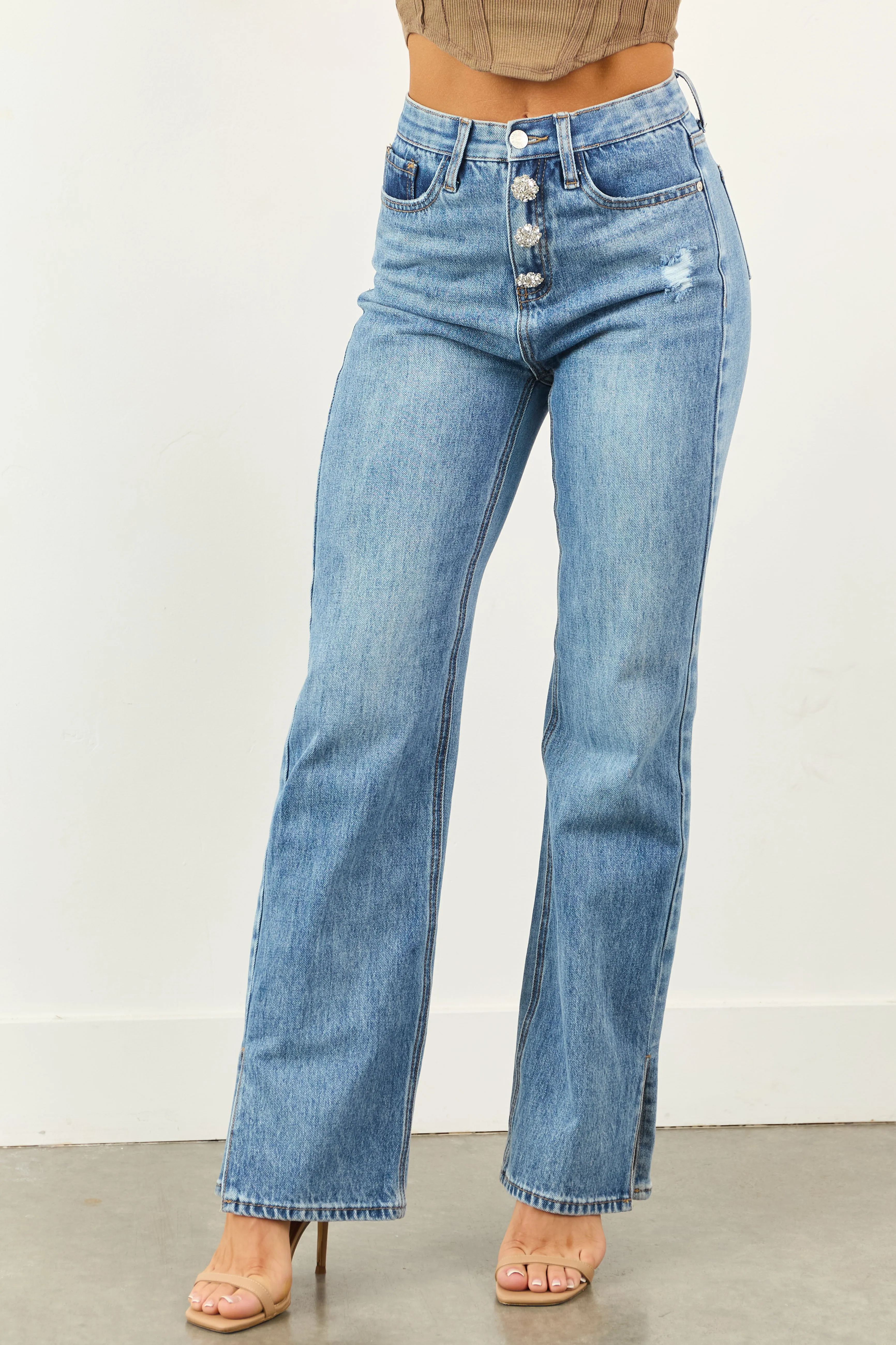 Saige Tummy Control Jewel Button Fly Straight Jeans sold by Lime Lush