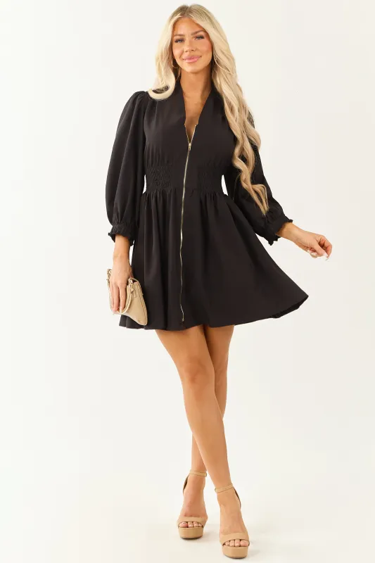 Black Zip Up Smocked Waist Puff Sleeve Mini Dress sold by Lime Lush