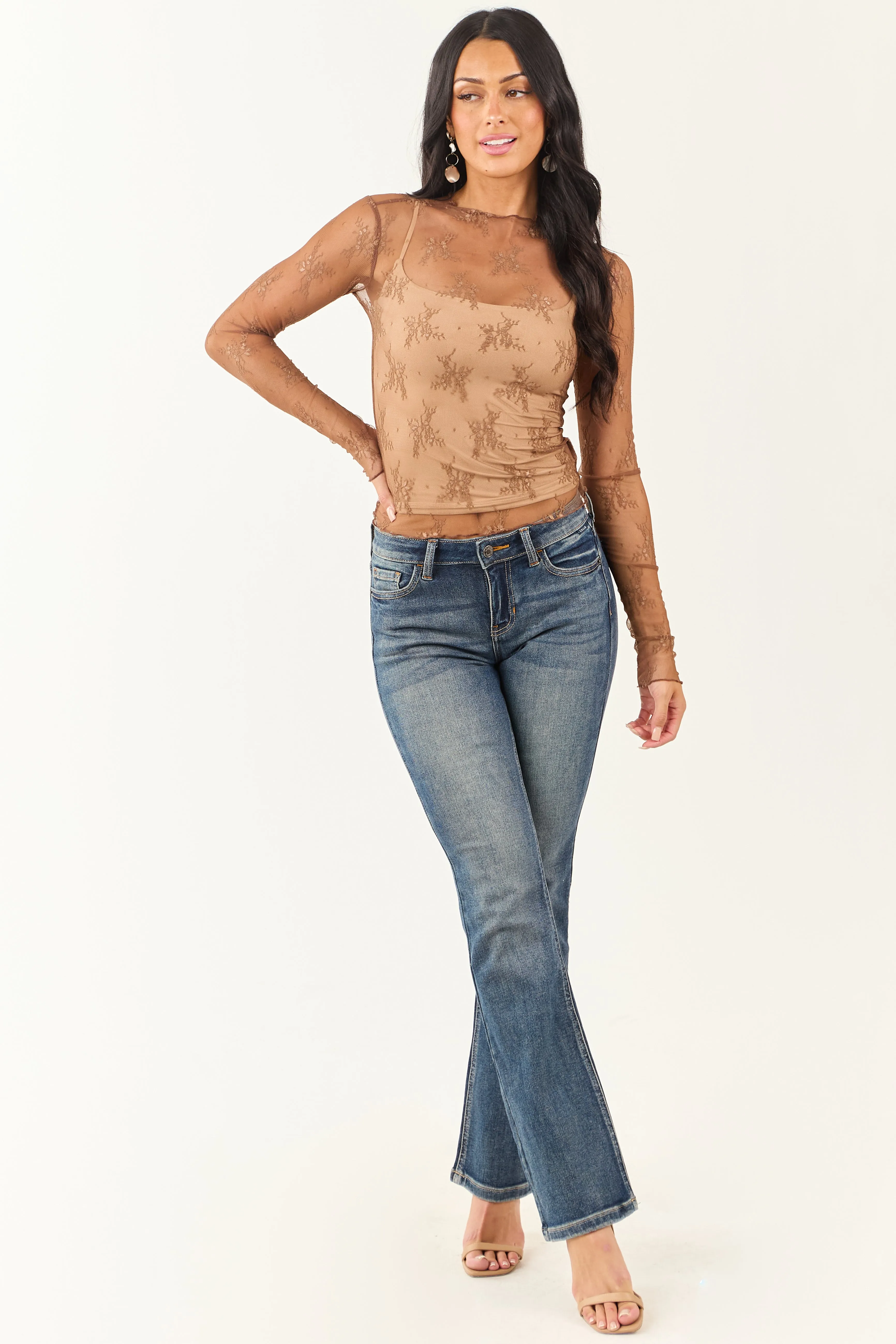 Listicle Sepia Floral Mesh Lace Long Sleeve Top sold by Lime Lush product image thumbnail 2