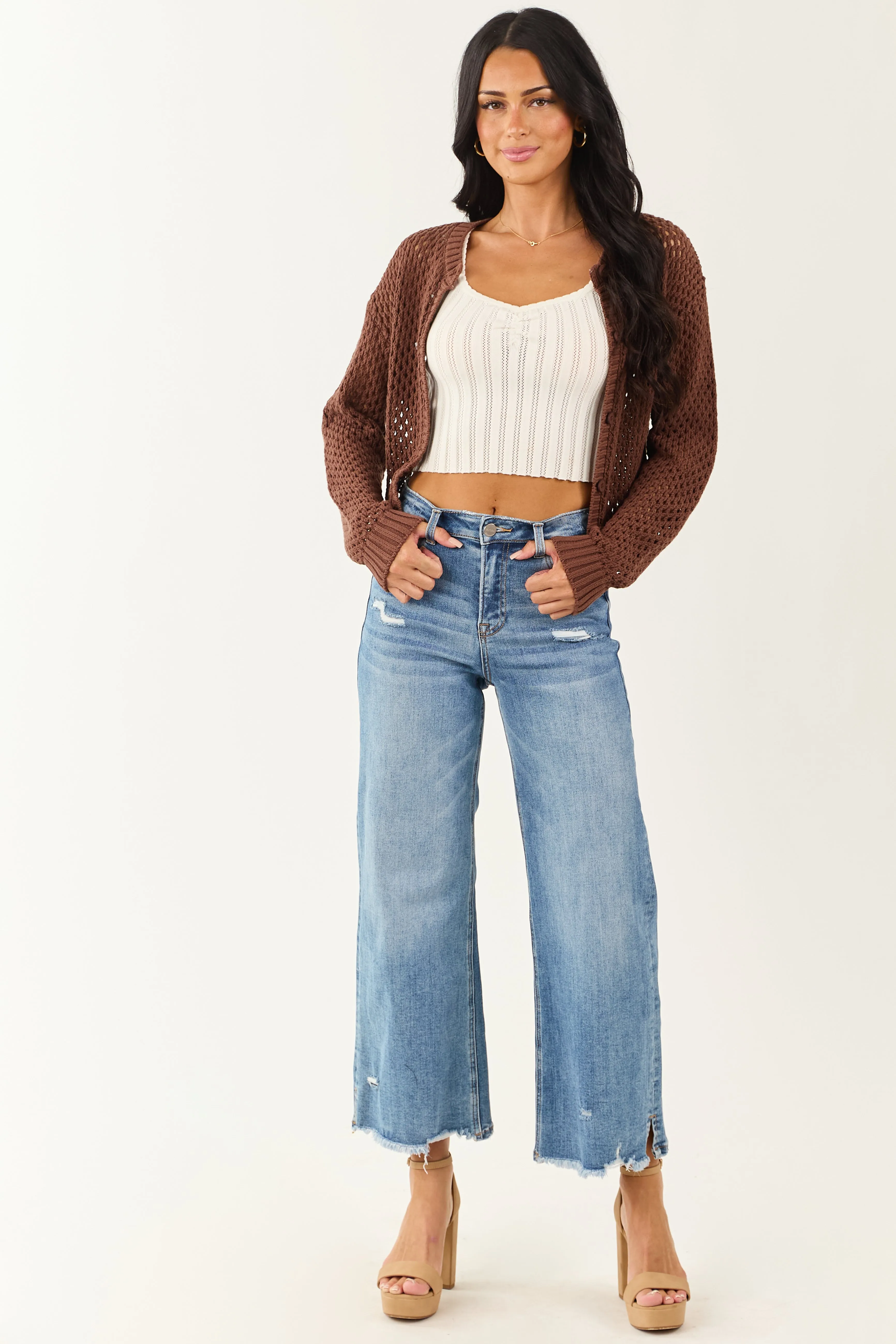 Coffee Open Knit Button Down Cardigan sold by Lime Lush product image thumbnail 4