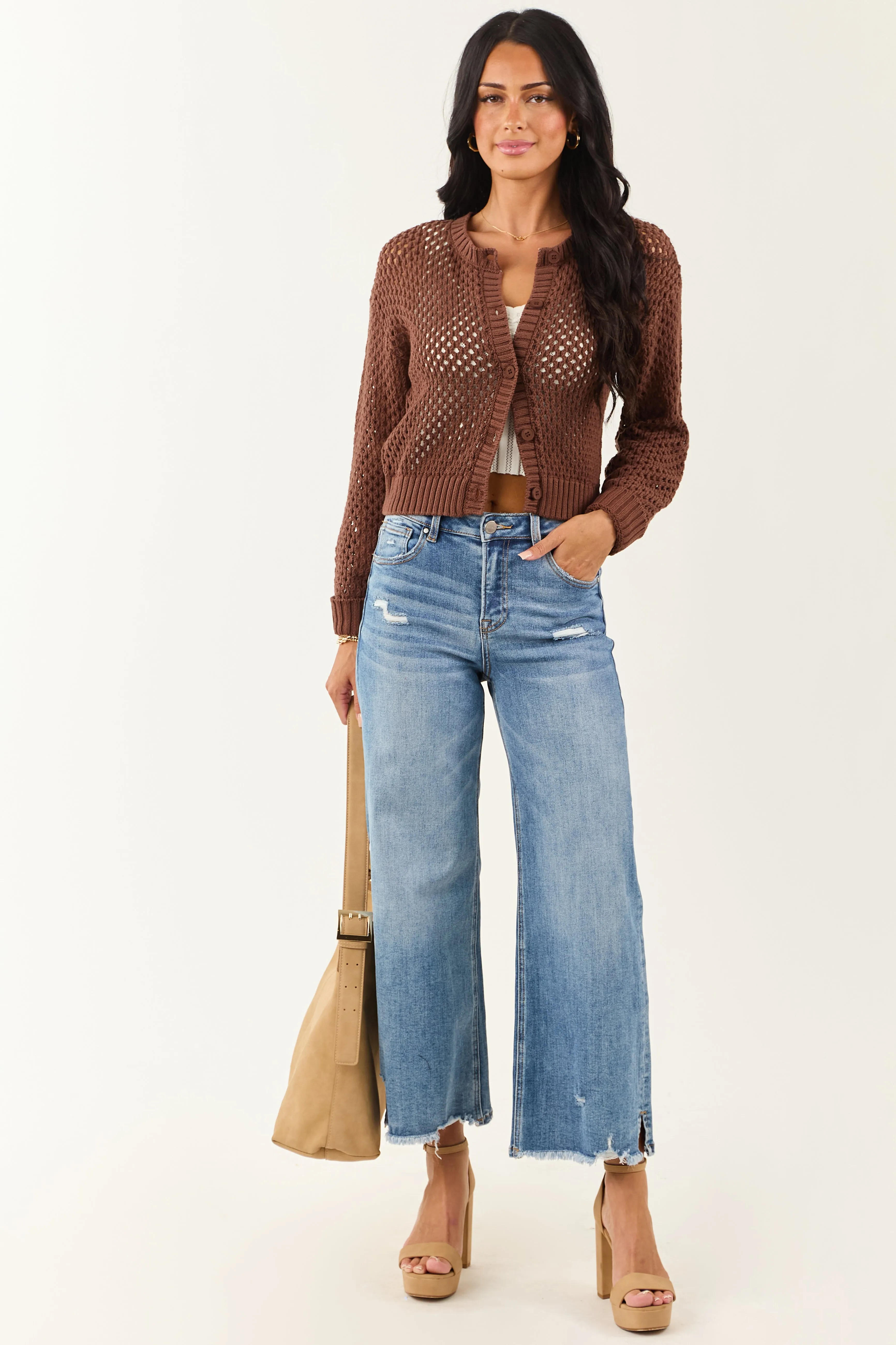 Coffee Open Knit Button Down Cardigan sold by Lime Lush product image thumbnail 2