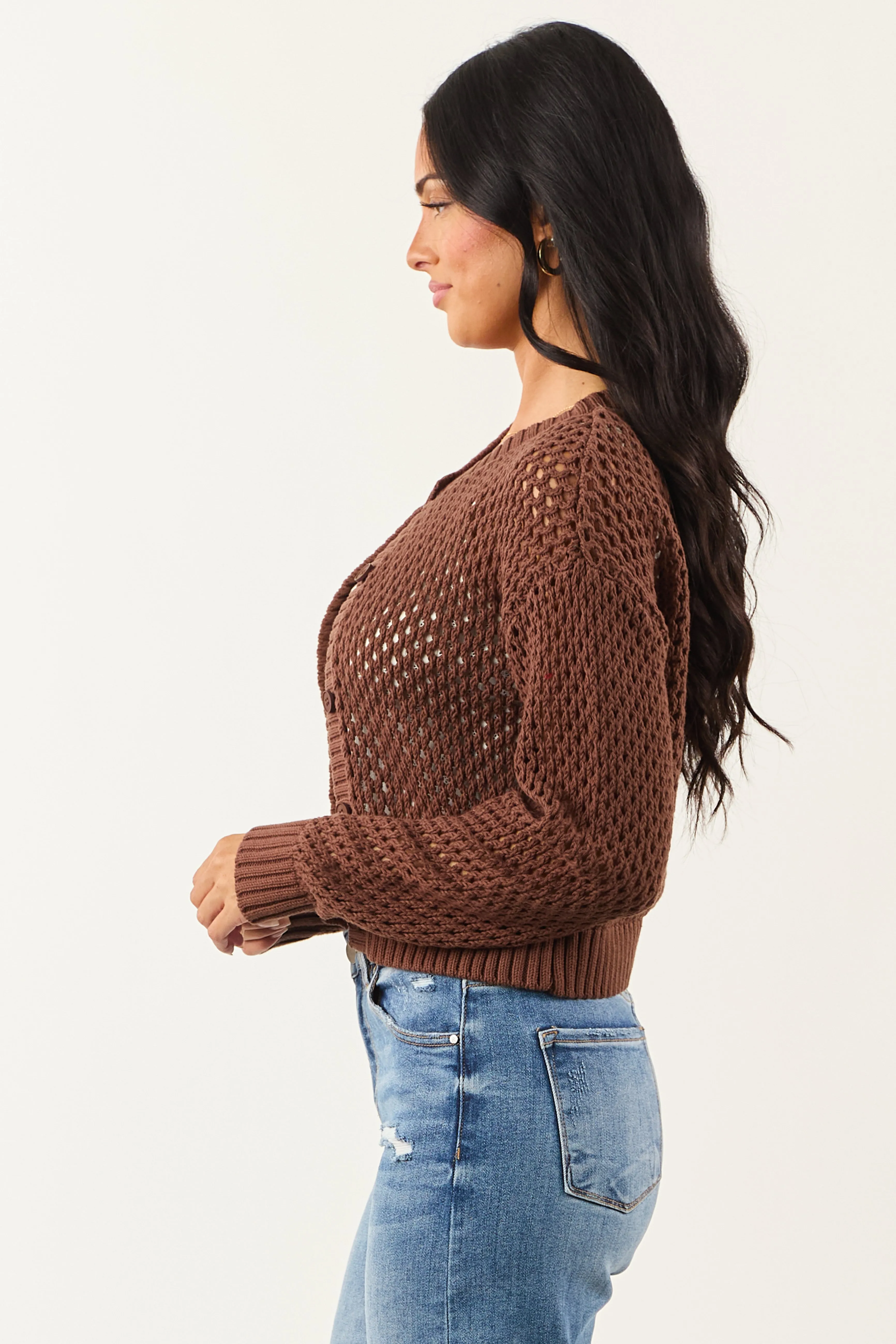Coffee Open Knit Button Down Cardigan sold by Lime Lush product image thumbnail 5