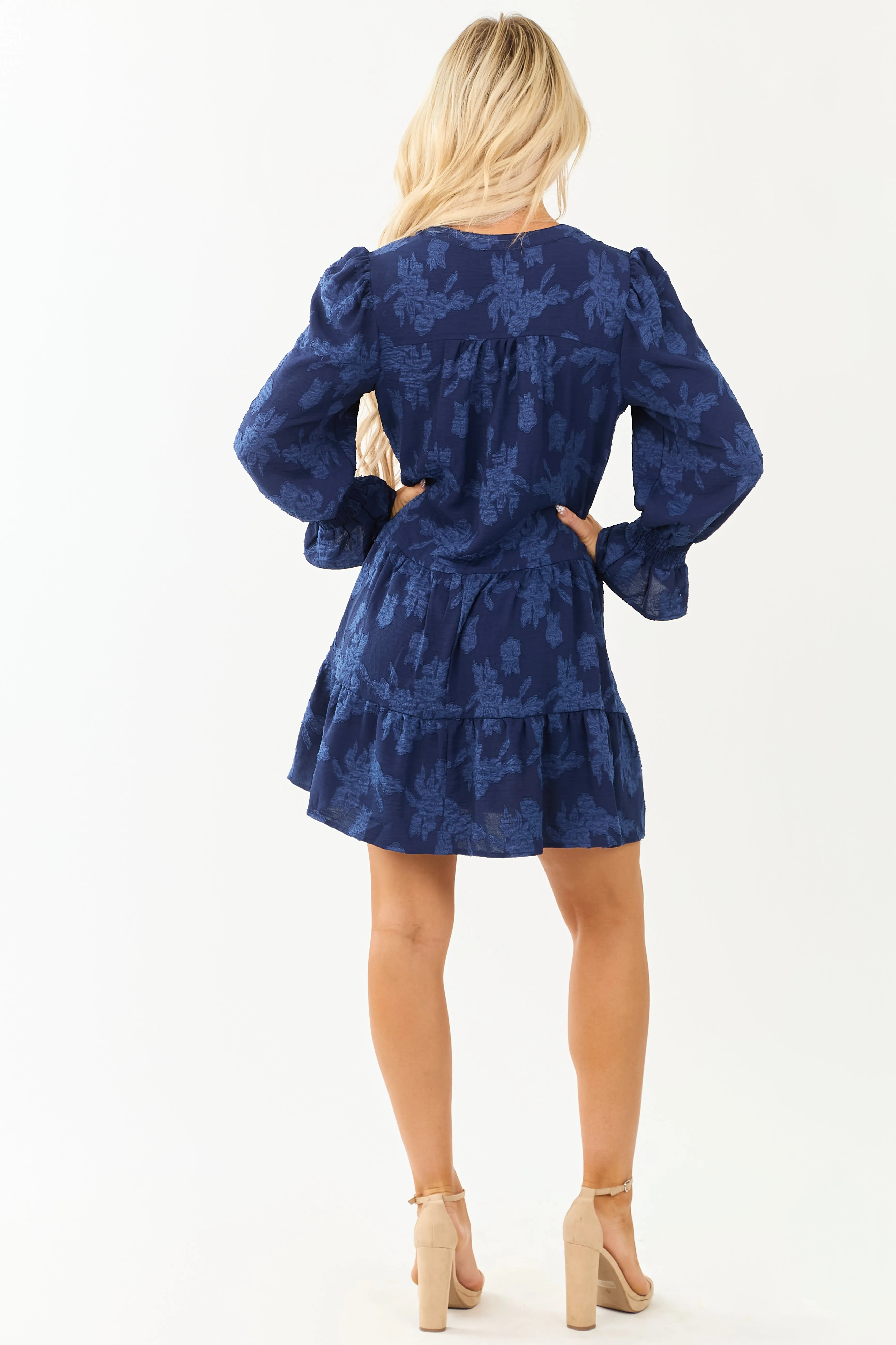 Navy Floral Jacquard Long Sleeve Tiered Short Dress sold by Lime Lush product image thumbnail 5