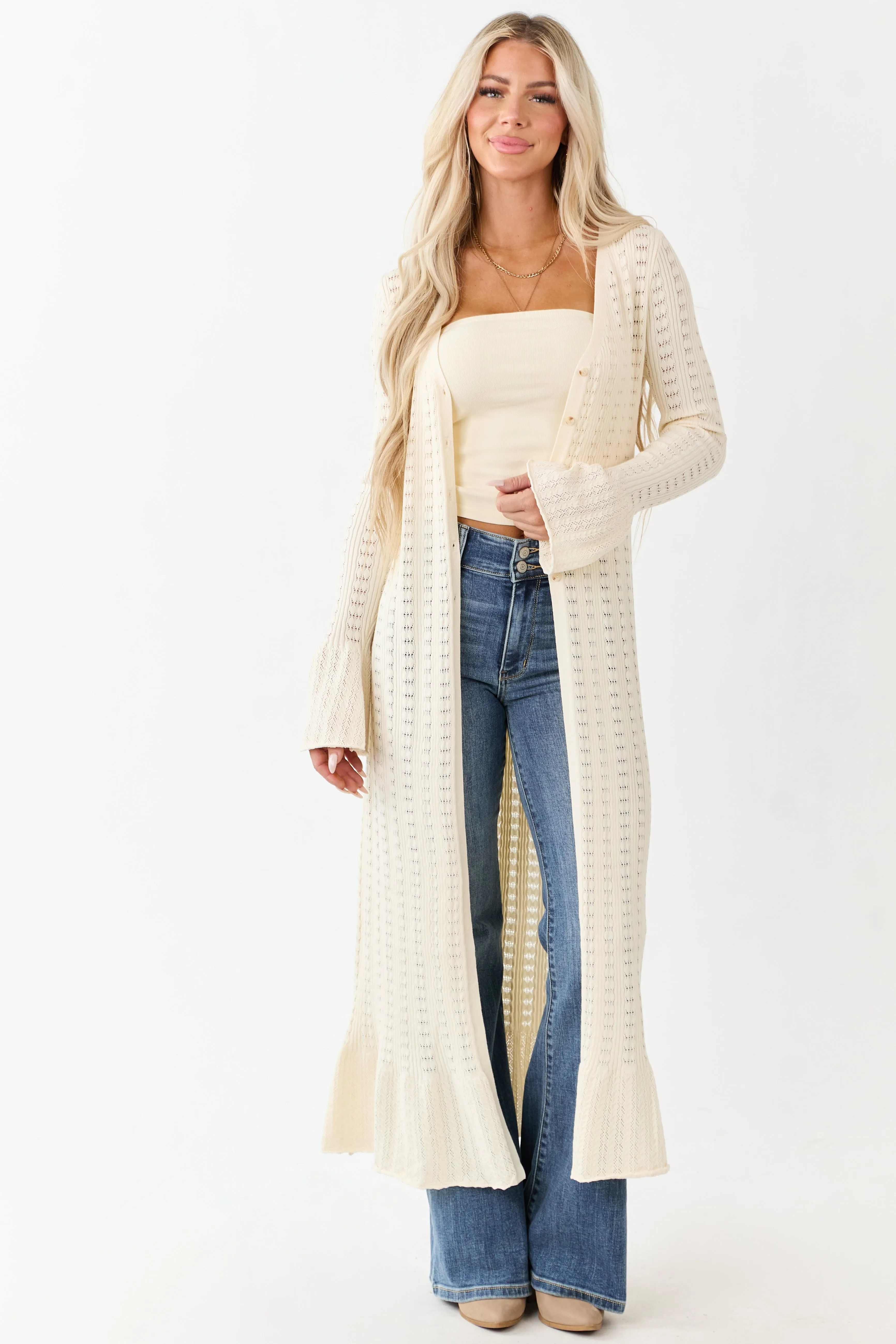 Cream Button Down Long Sleeve Duster Cardigan sold by Lime Lush product image thumbnail 3