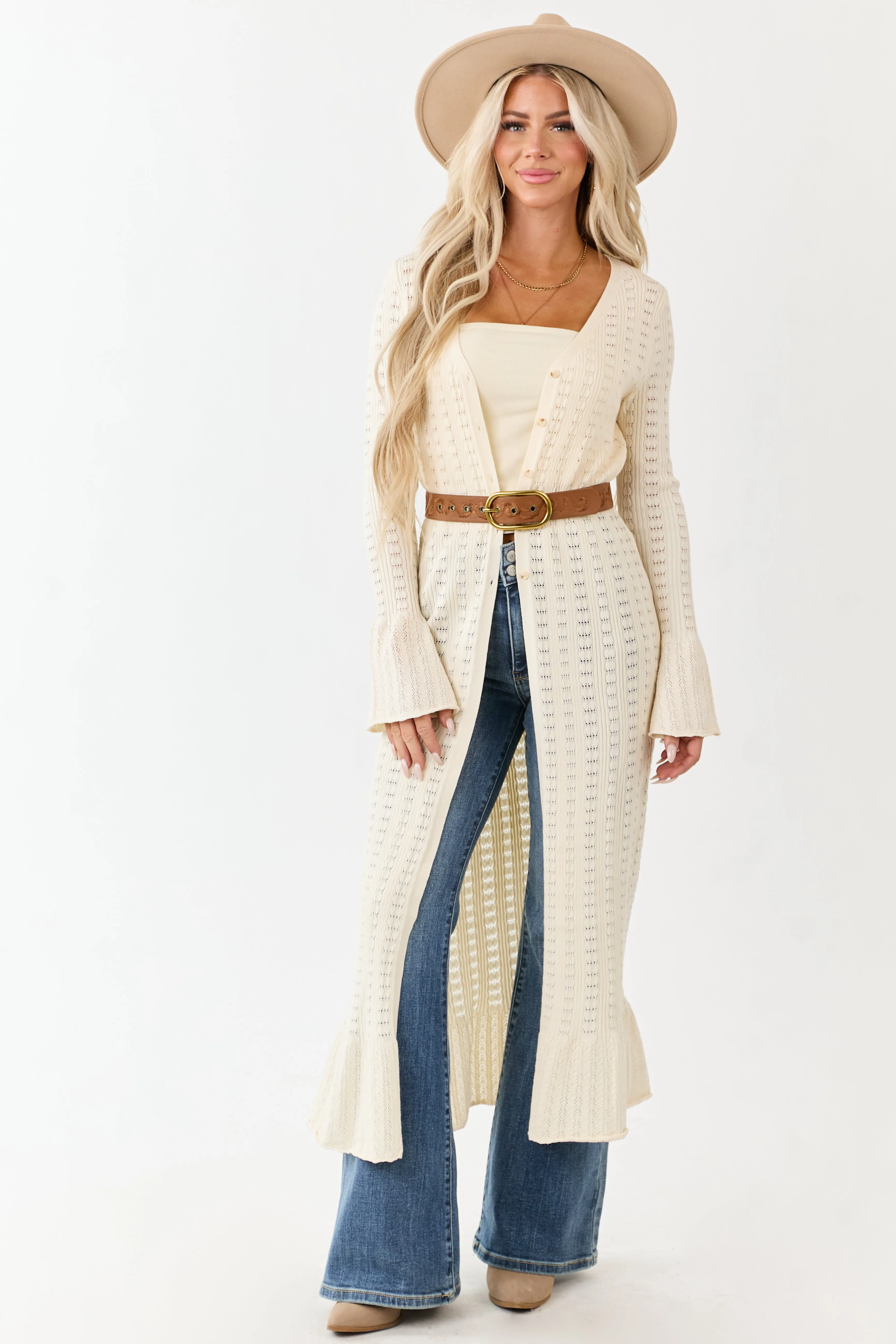 Cream Button Down Long Sleeve Duster Cardigan sold by Lime Lush product image thumbnail 2