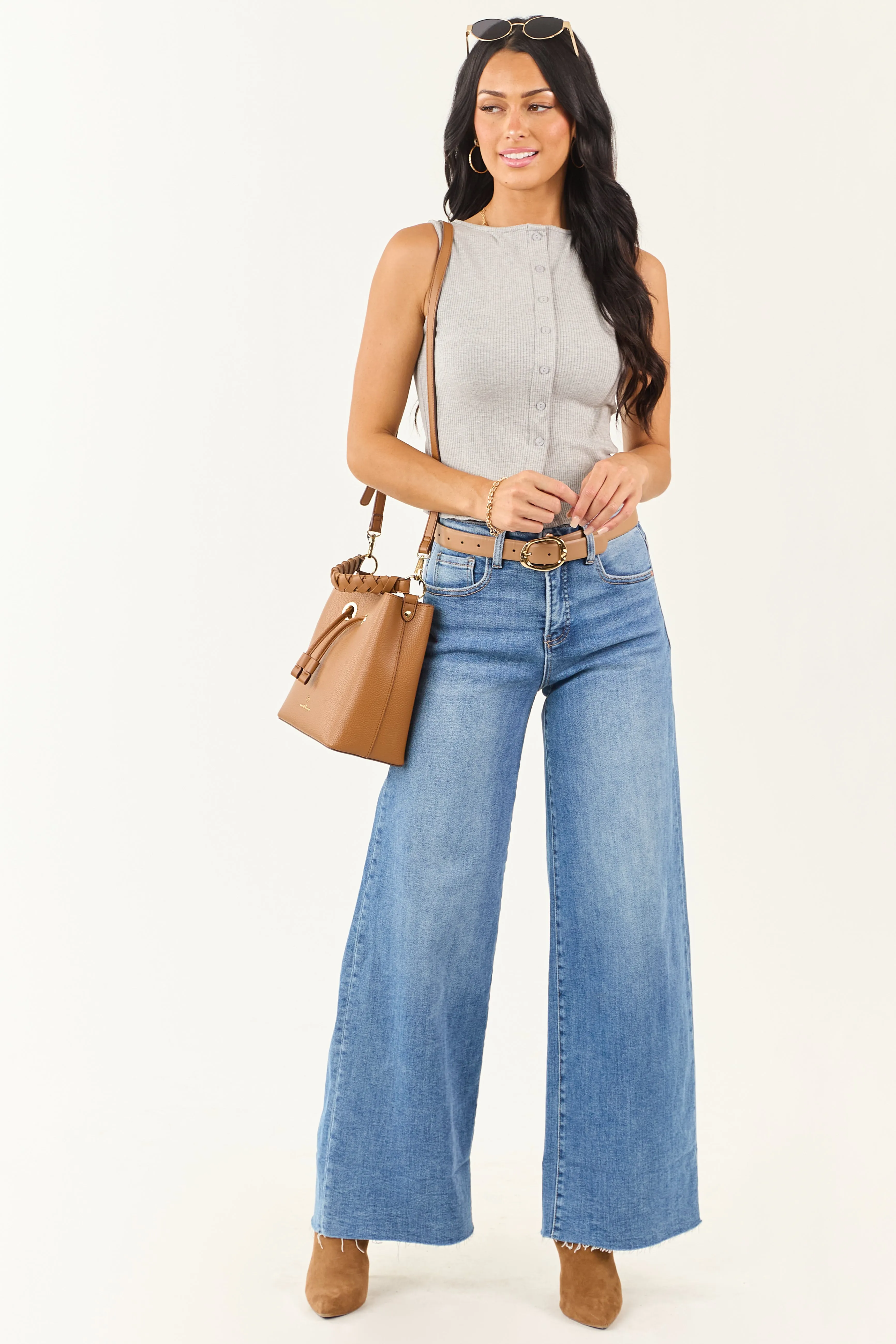 Dove Grey Button Down Ribbed Knit Tank Top sold by Lime Lush product image thumbnail 4