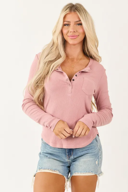 Light Dusty Rose Henley Soft Rib Knit Top sold by Lime Lush