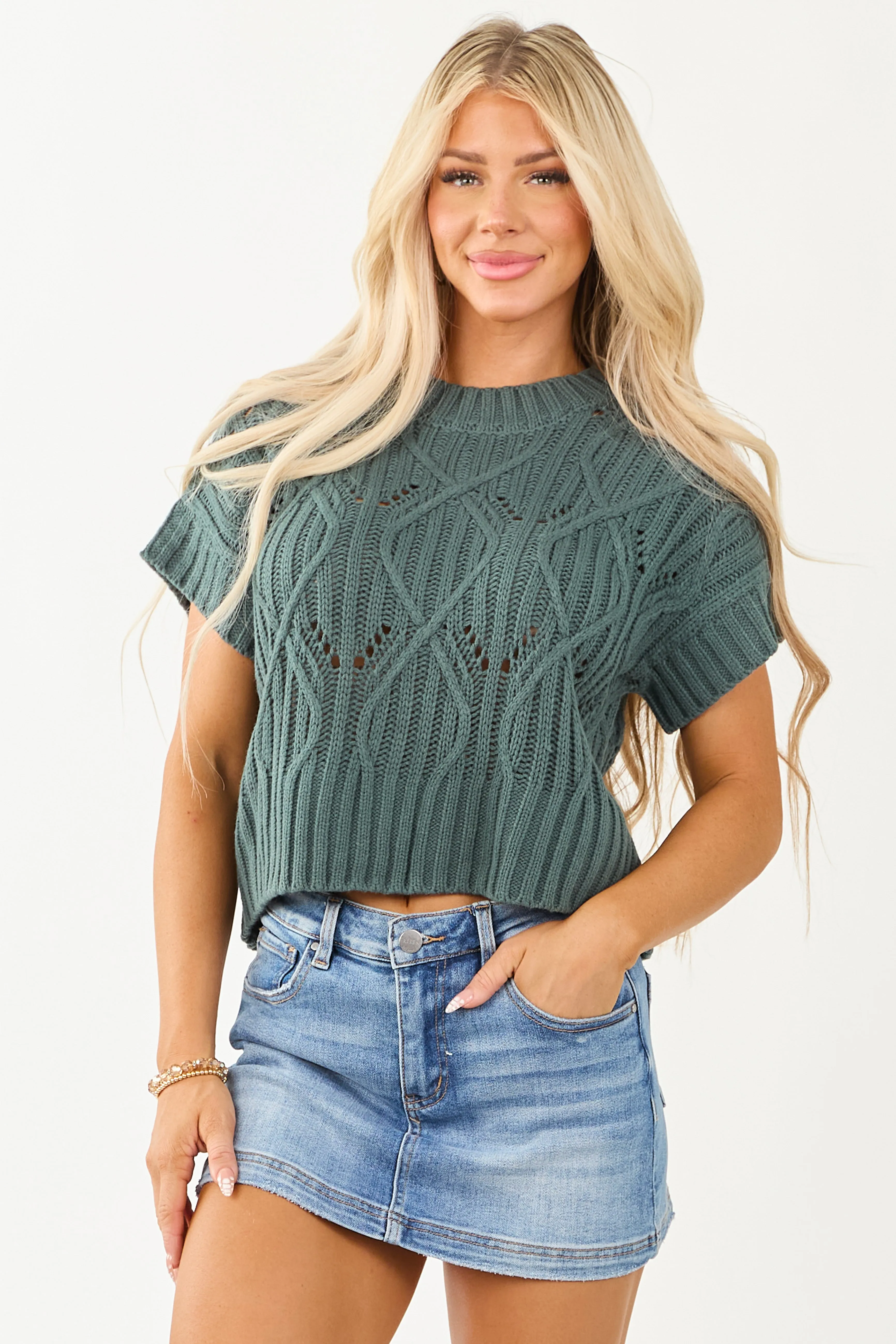 Juniper Cable Knit Short Sleeve Sweater Top sold by Lime Lush