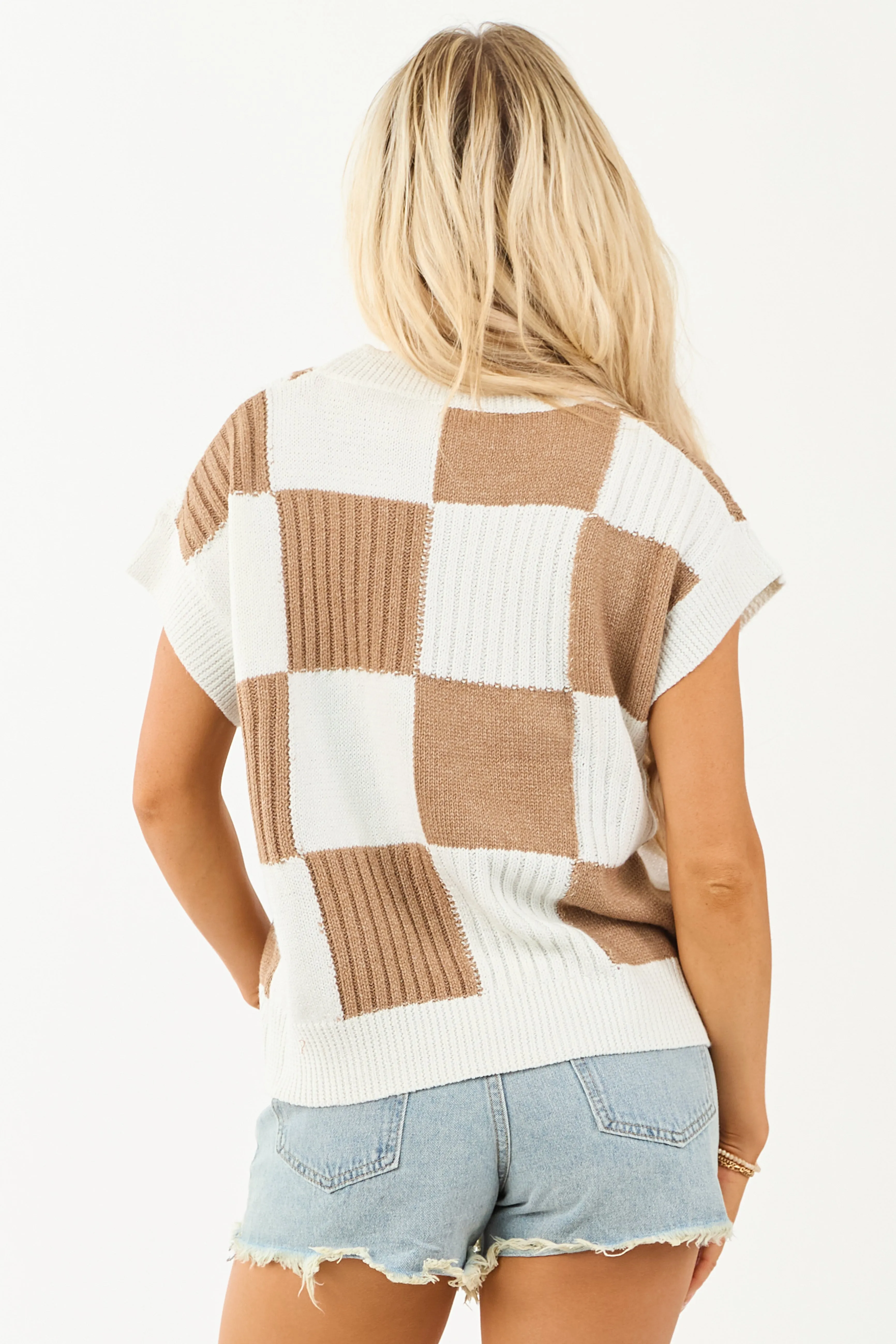 Ivory Checkered Short Sleeve Sweater Top sold by Lime Lush product image thumbnail 5