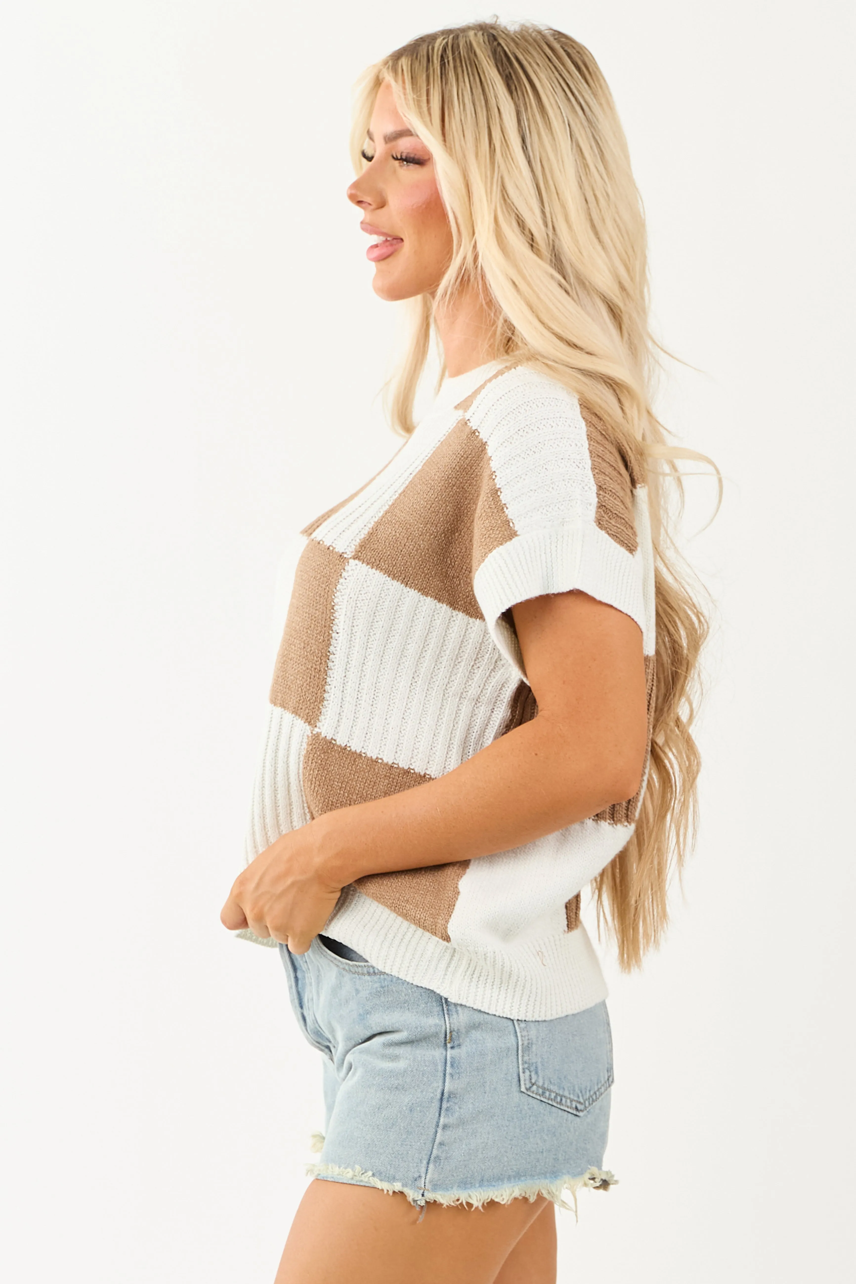 Ivory Checkered Short Sleeve Sweater Top sold by Lime Lush product image thumbnail 4