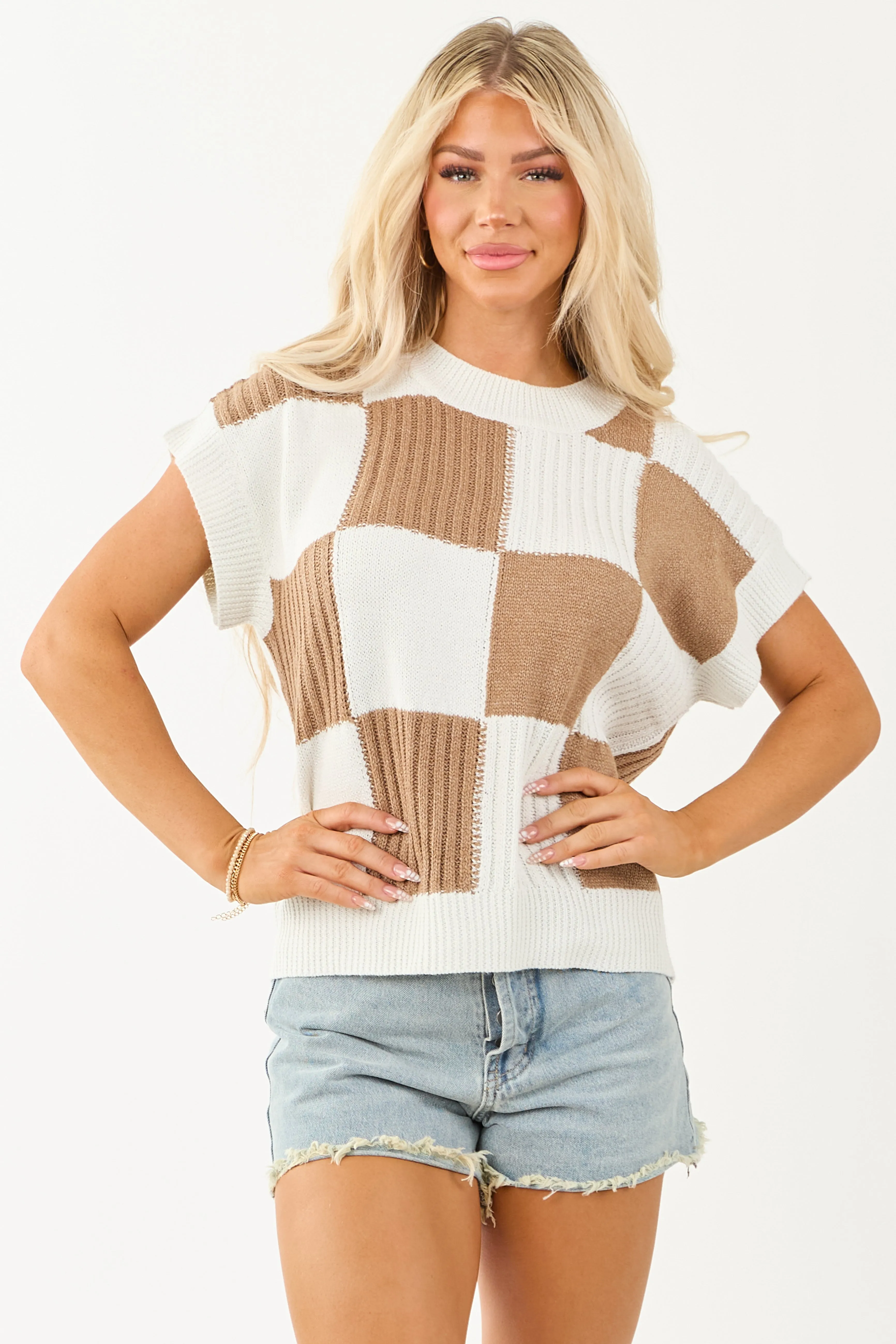 Ivory Checkered Short Sleeve Sweater Top sold by Lime Lush product image thumbnail 3