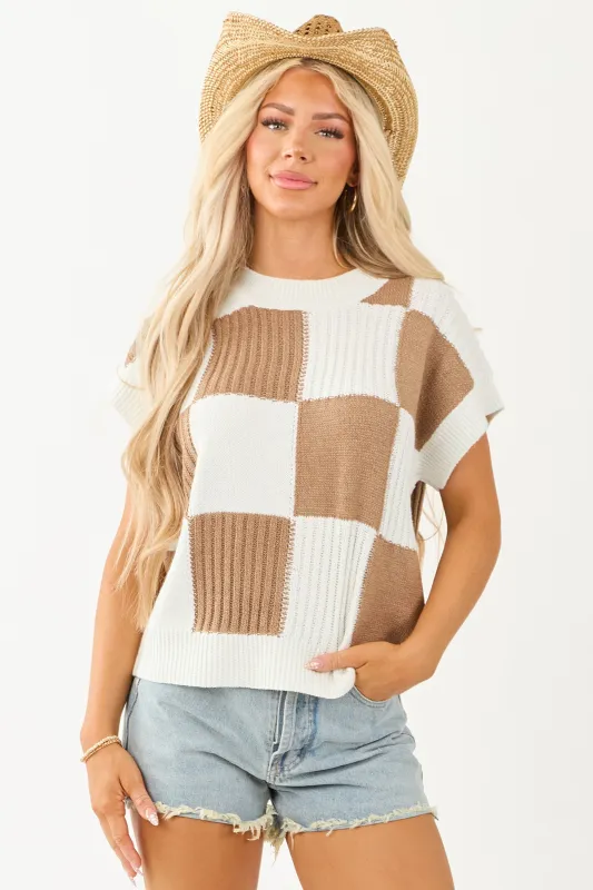 Ivory Checkered Short Sleeve Sweater Top made by So Me