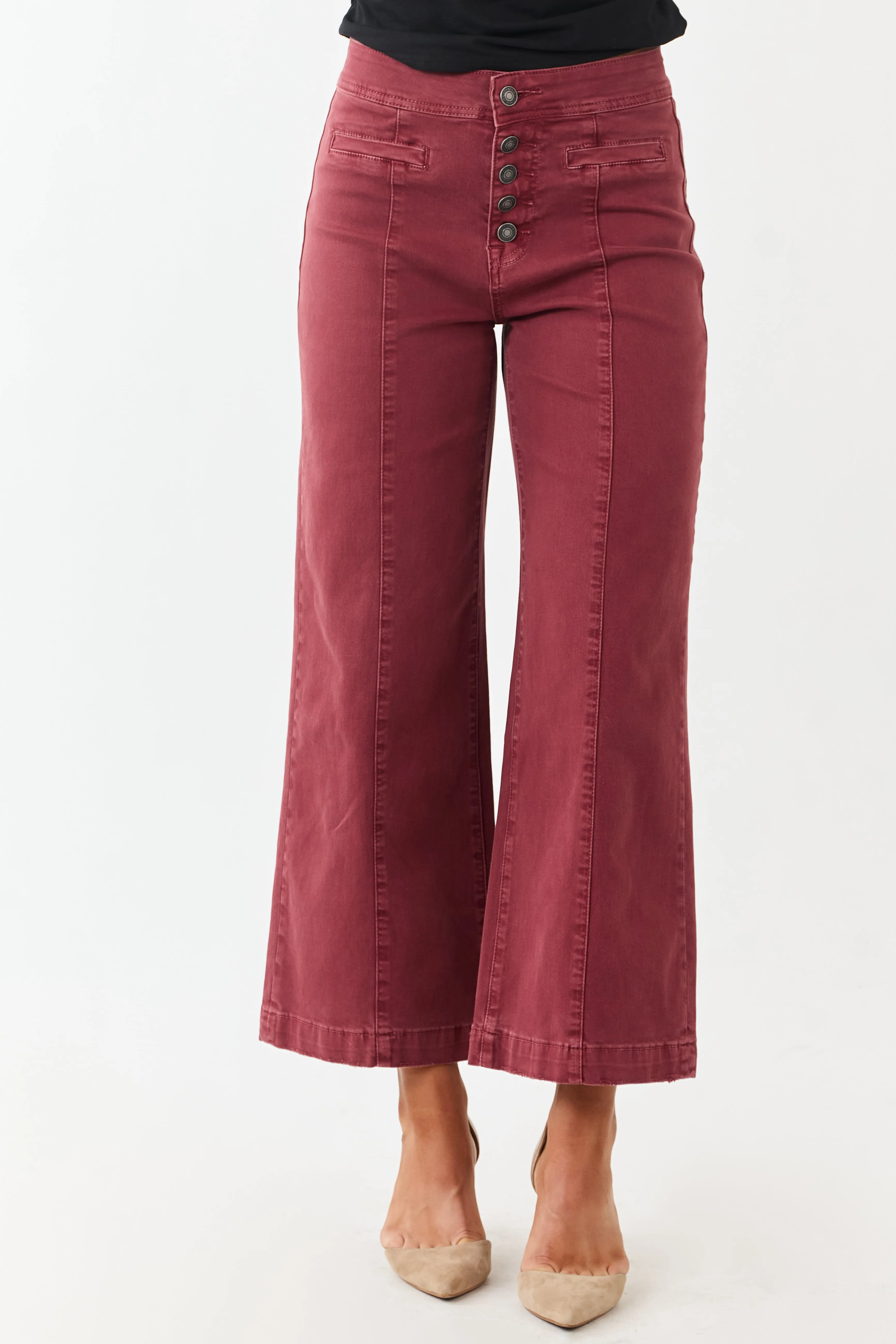 Mica Denim Faded Maroon Stretchy Wide Leg Crop Jeans sold by Lime Lush product image thumbnail 2