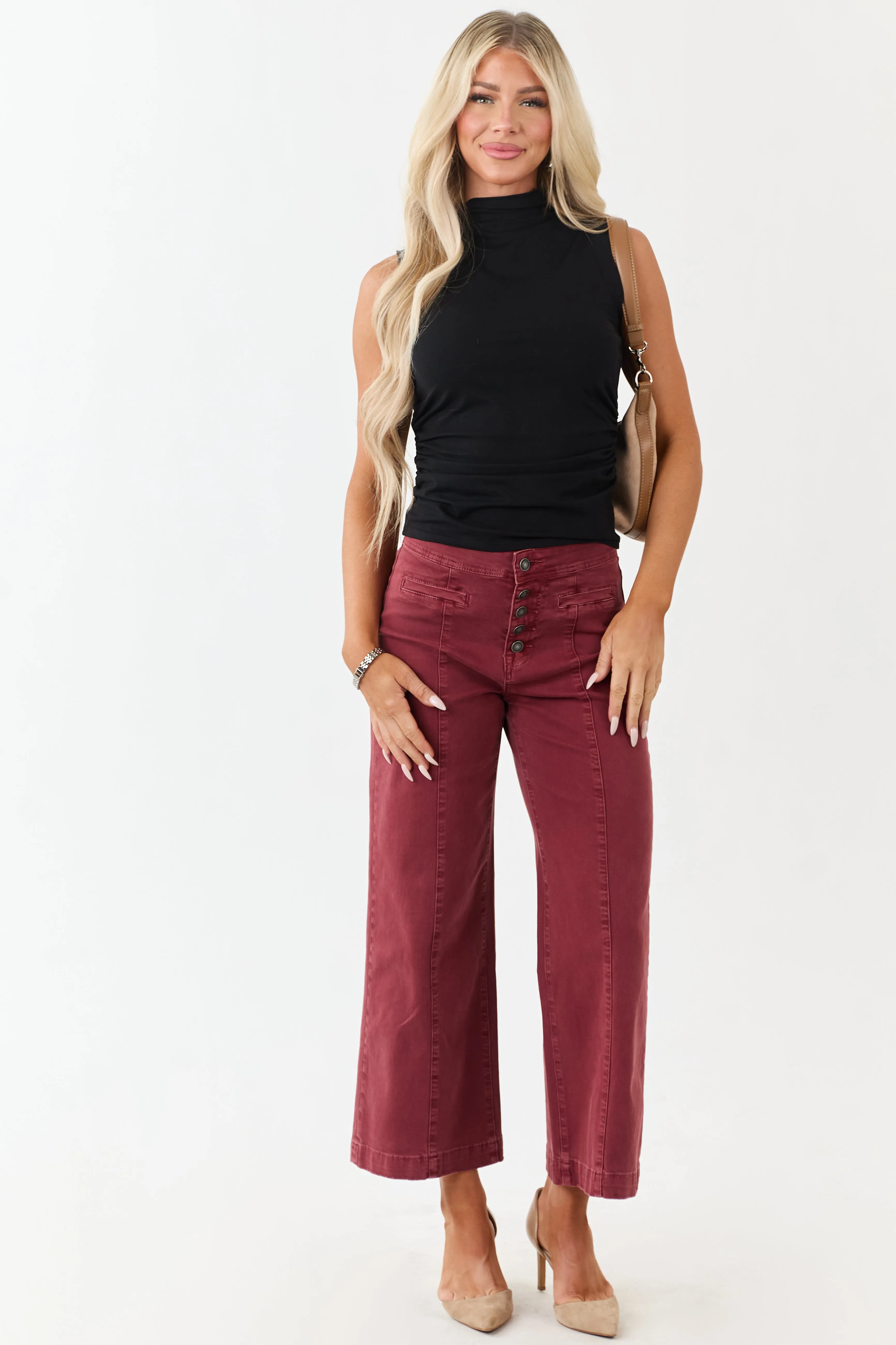 Mica Denim Faded Maroon Stretchy Wide Leg Crop Jeans sold by Lime Lush product image thumbnail 5