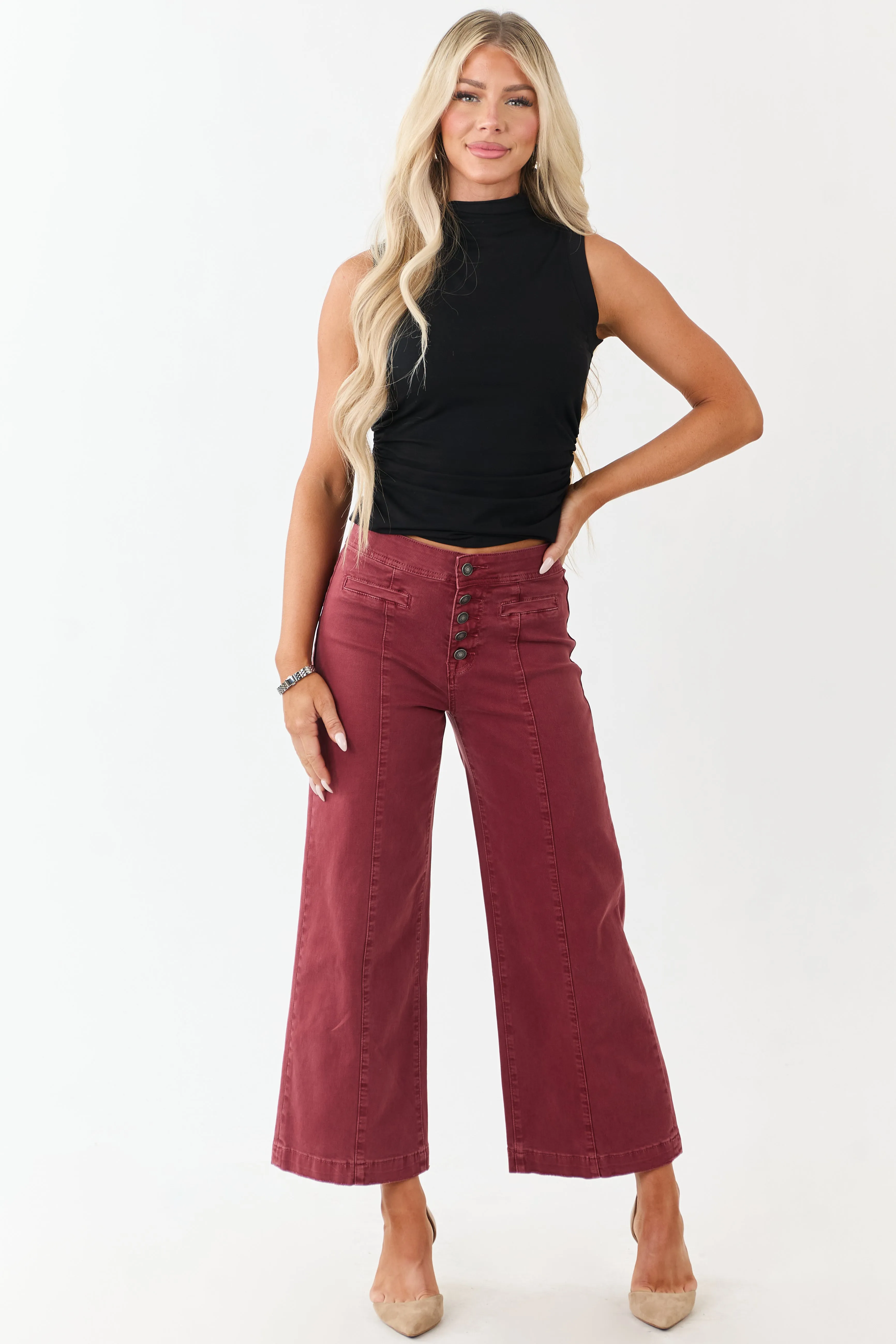 Mica Denim Faded Maroon Stretchy Wide Leg Crop Jeans sold by Lime Lush
